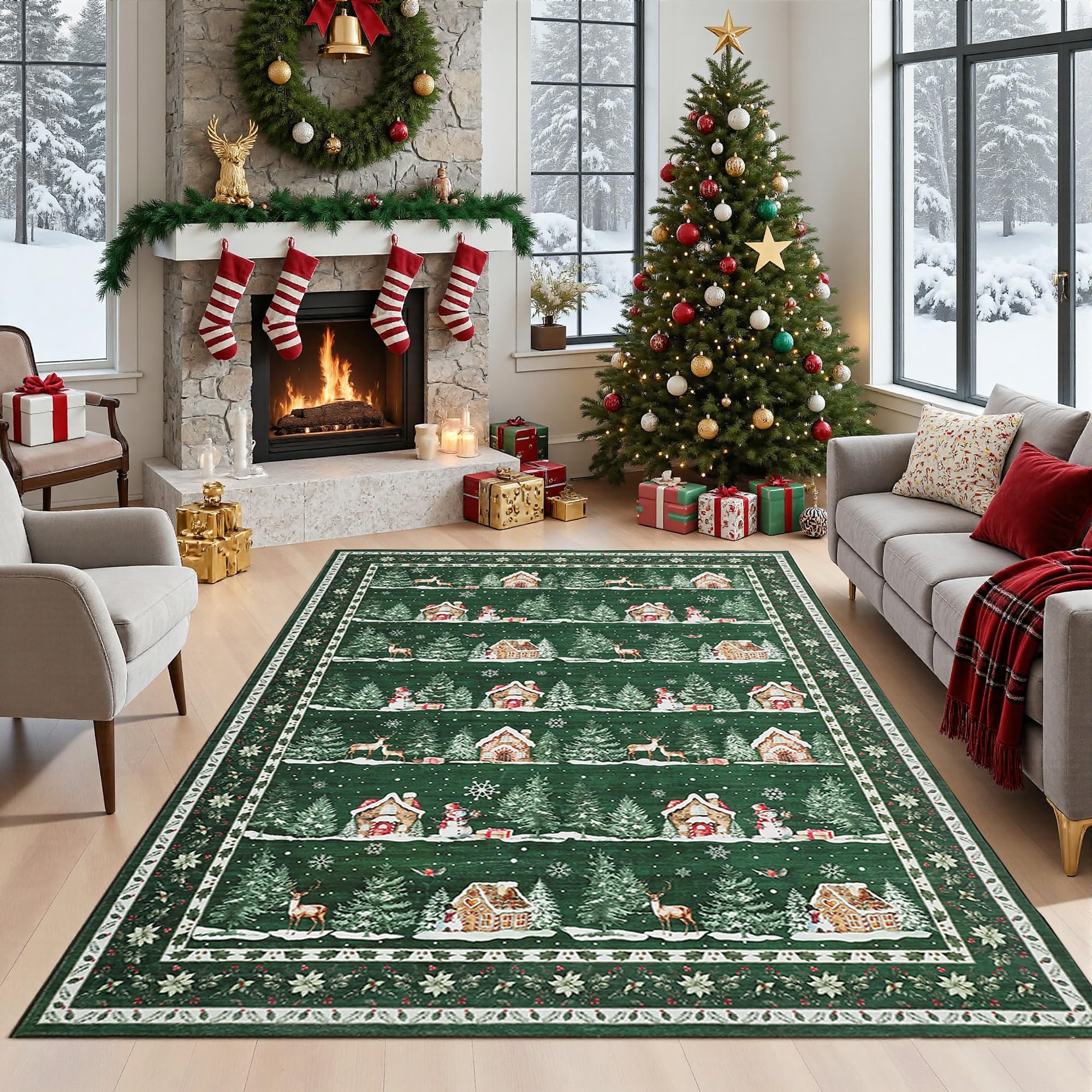GarveeHome 5x7 Christmas Area Rugs for Living Room Machine Washable Non Slip Backing Soft Stain Resistant Christmas Tree Animals