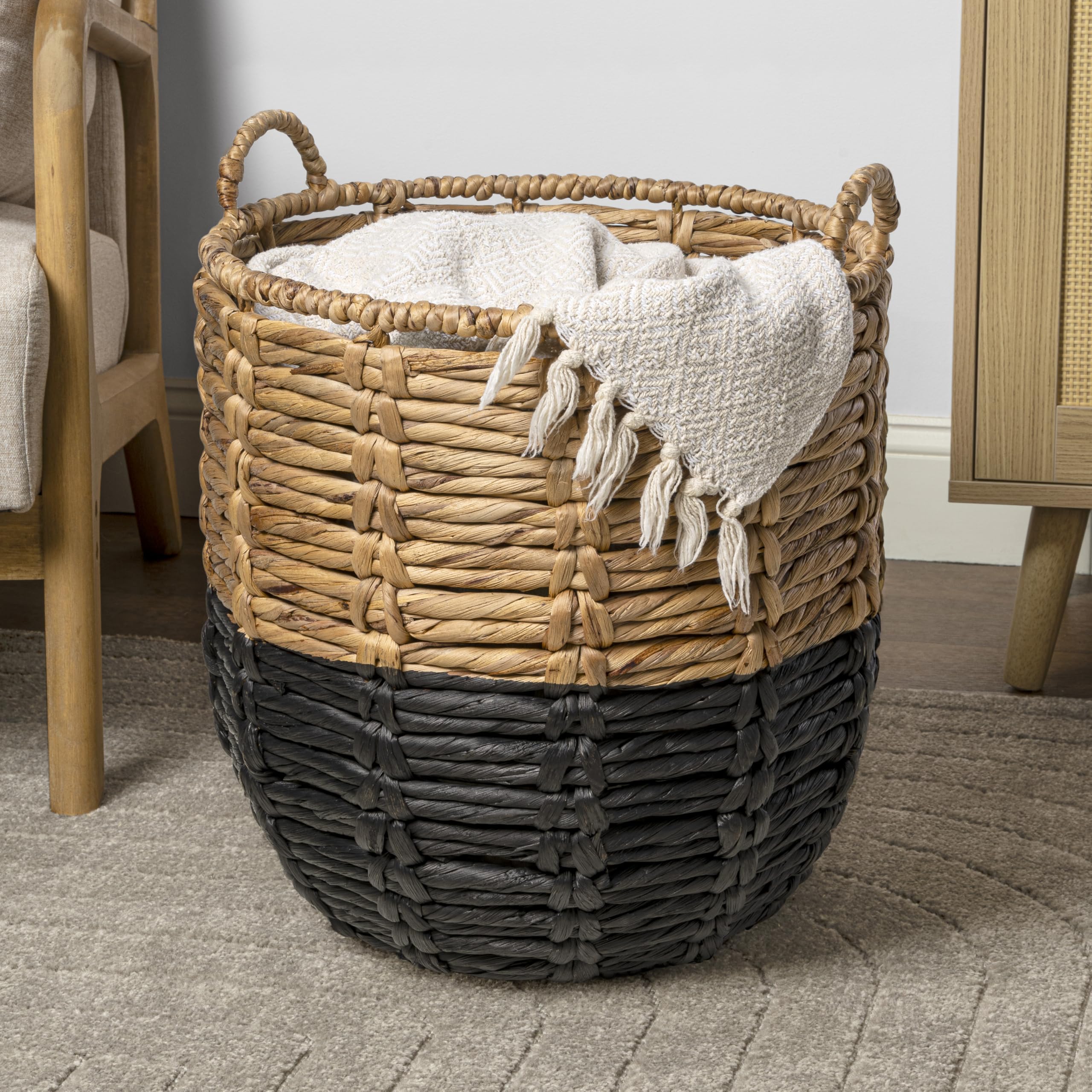 Happimess Bsk1003D Laurel 19.49 Bohemian Handwoven Abaca Hamper Basket With Handles, Seagrass Container For Decoration In Bedroo