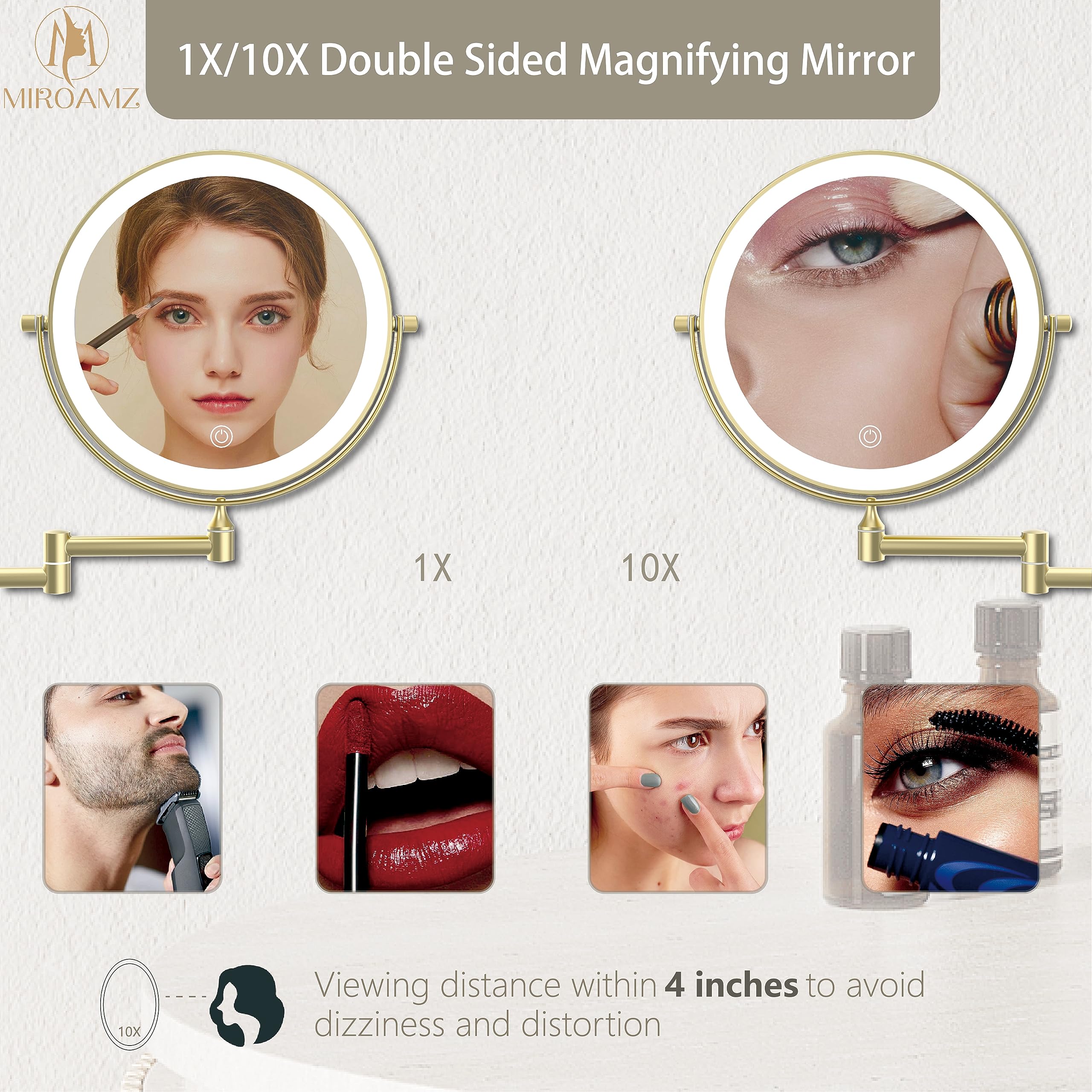 Miroamz Rechargeable Wall Mounted Lighted Makeup Vanity Mirror 9 Inch Double Sided 1X 10X Magnifying Bathroom Mirror, 3 Color Li