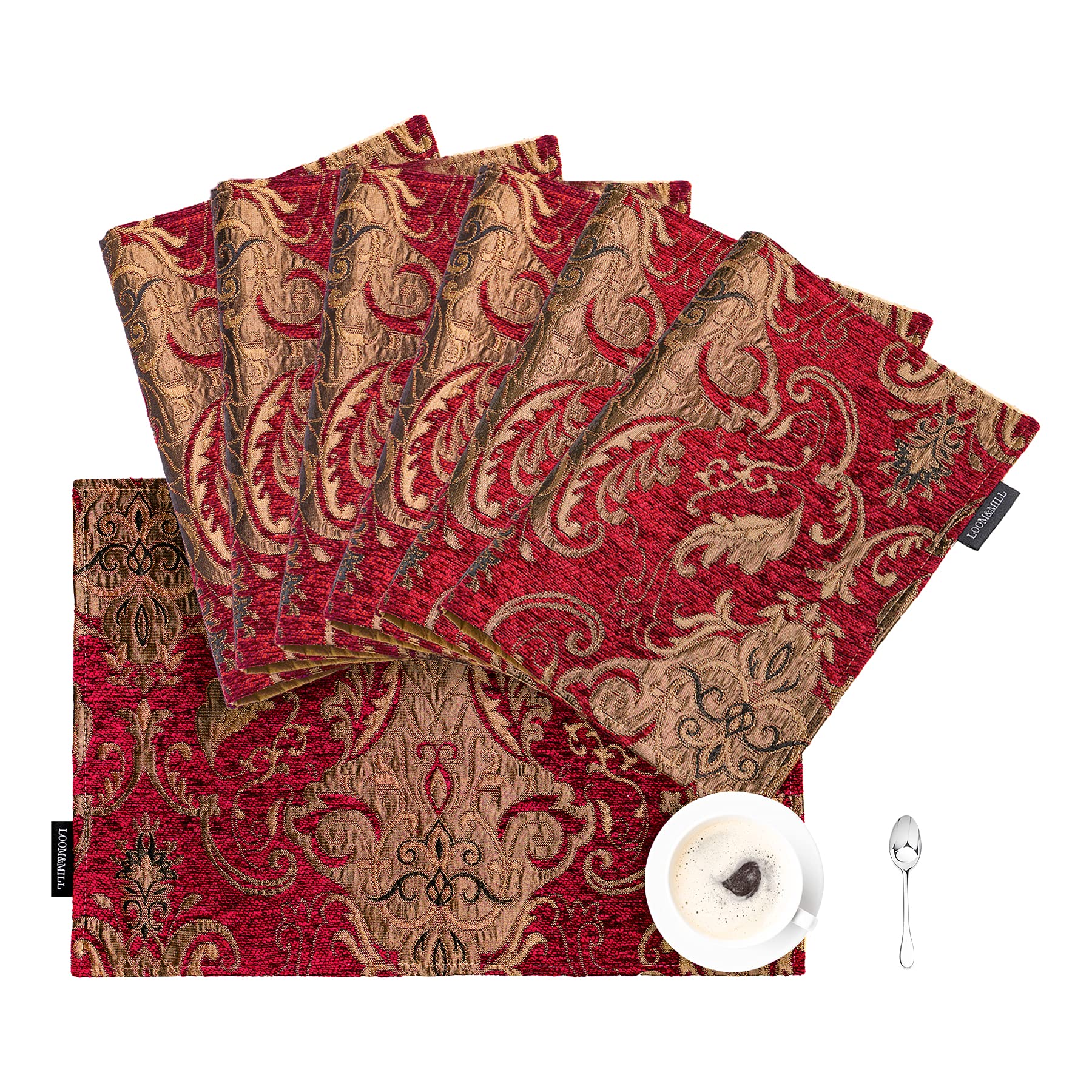 Loom And Mill Luxury Damask Placemats, Set Of 6 Vintage Jacquard Chenille Table Place Mats For Dining Table Kitchen Room Holiday