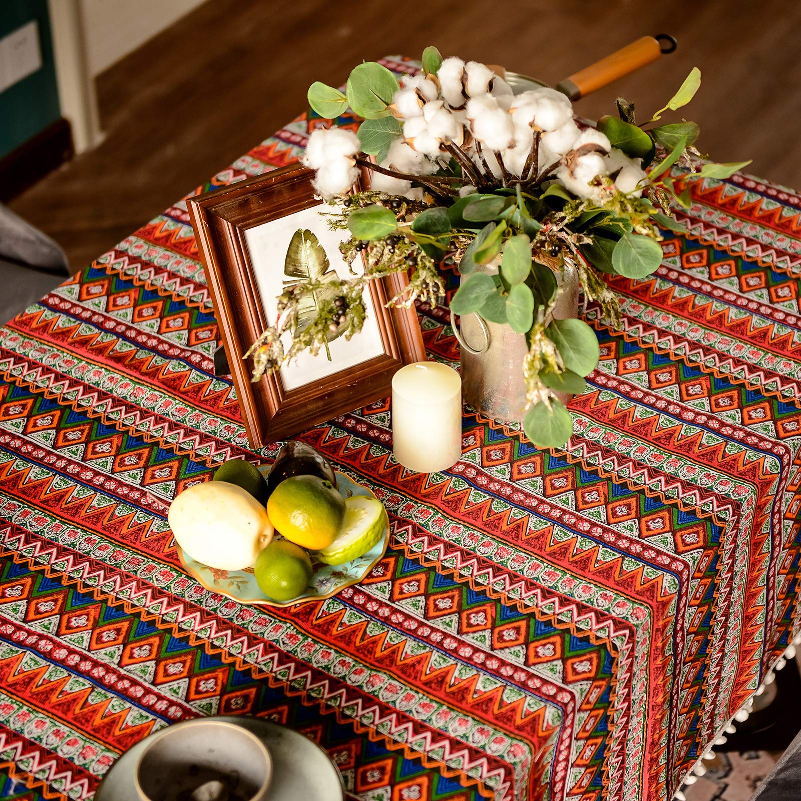 SUTAVIA Pompom Tassel Boho Tablecloth for Rectangle Table Covers Wrinkle Free Linen Bohemian Style Design Table Cloth for Dining Room Tabletop Decoration (Red  52''x70'')