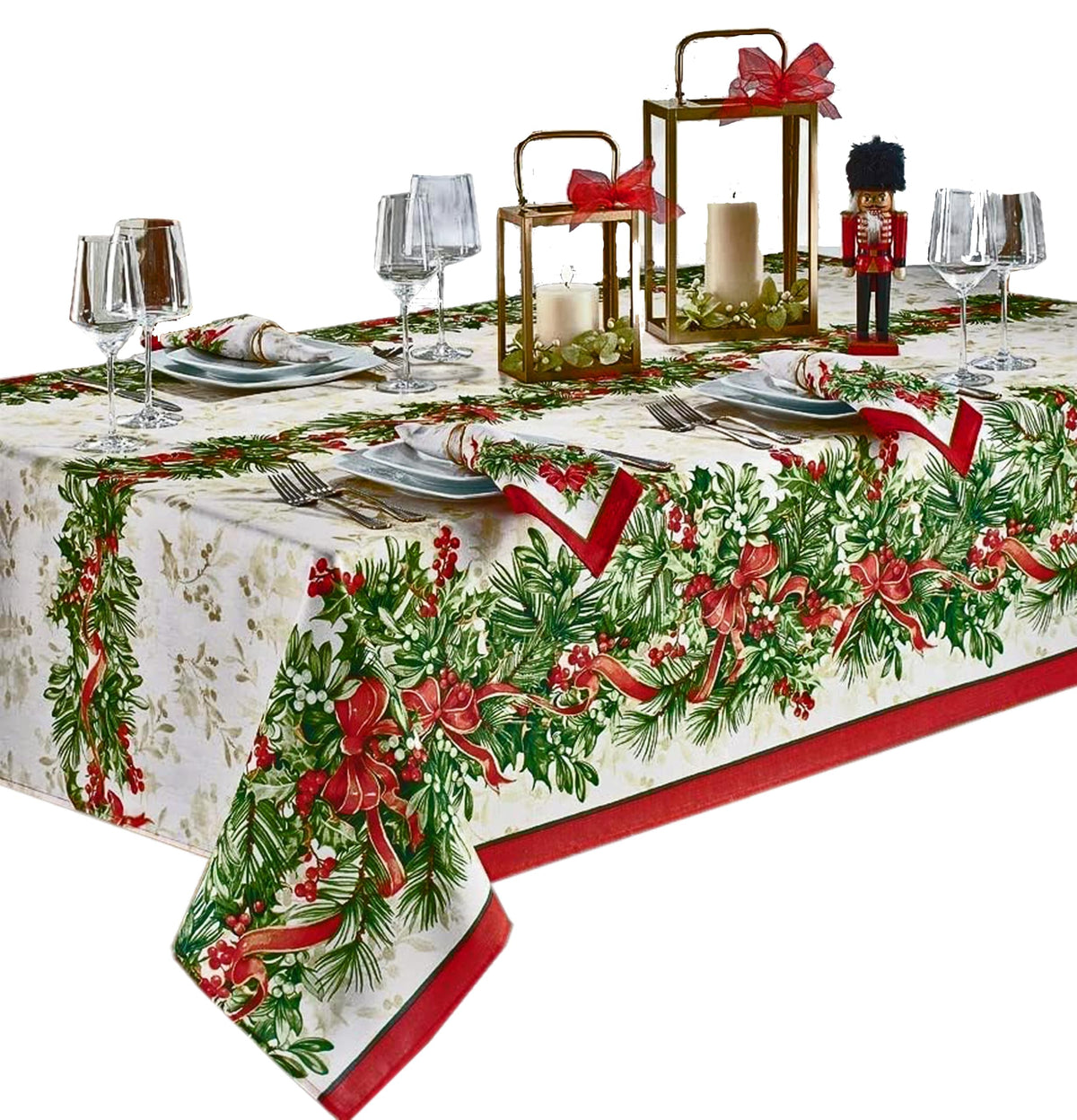 Newbridge Christmas Holly Ribbon Traditions Bordered 60 X 84 Inch Rectangle Fabric Tablecloth, Boughs Of Holly And Berry Ribbon