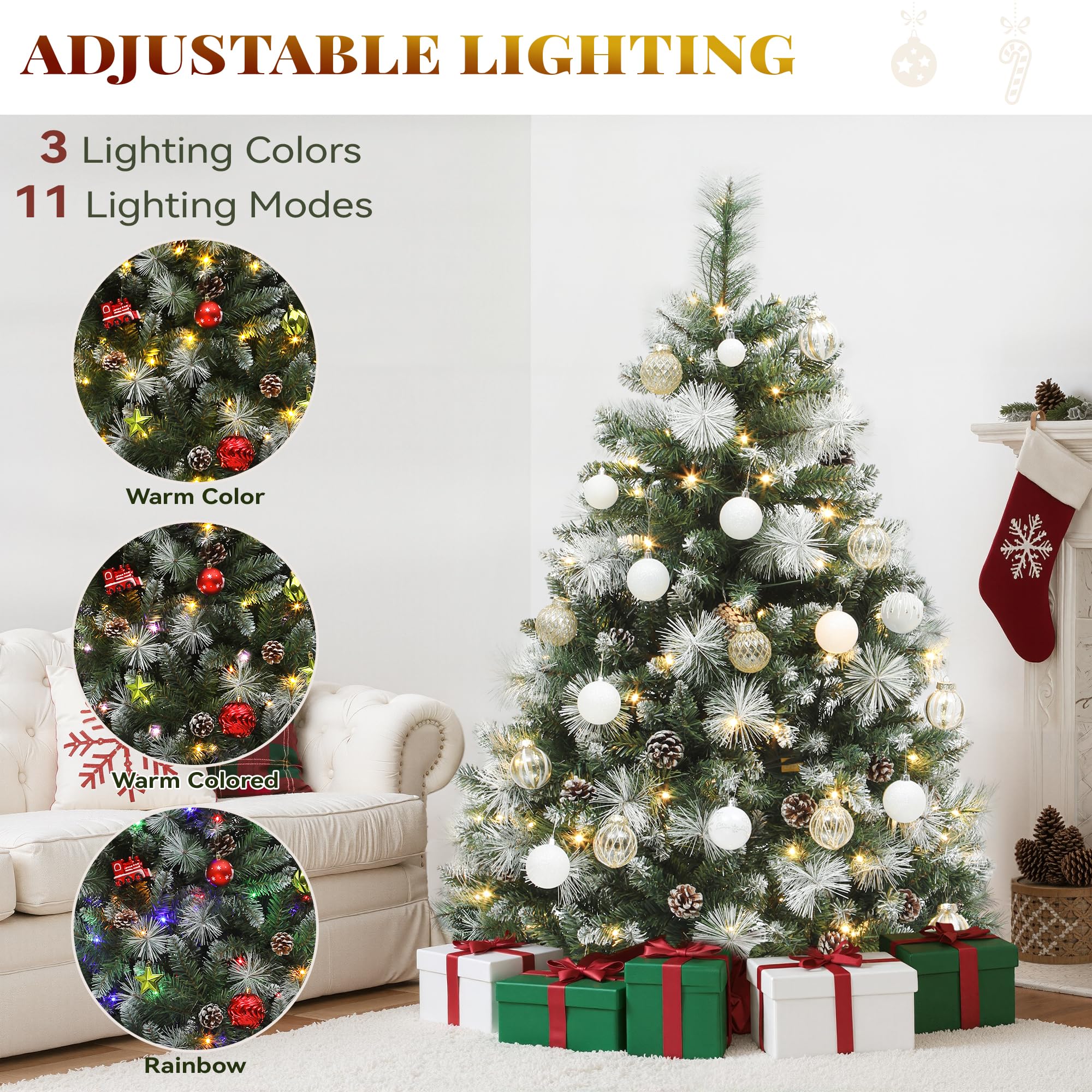 YITAHOME 4.5ft Prelit Scotch Pine Christmas Tree with Remote Control, Pre-Decorated Frosted Christmas Tree with Pine-Cones & Nee