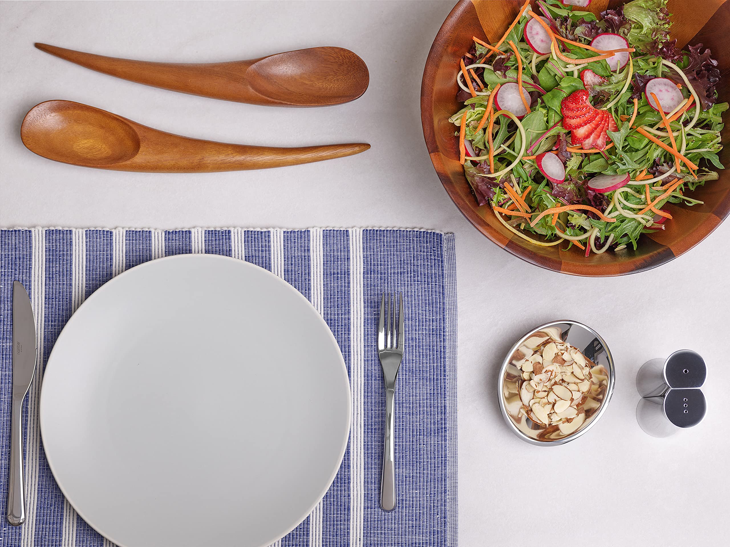 Nambe Braid Round Wooden Salad Bowl 3 Piece Set | 11-Inch Salad Bowl With Serving Utensils | Acacia Wood And Chrome Plate Salad