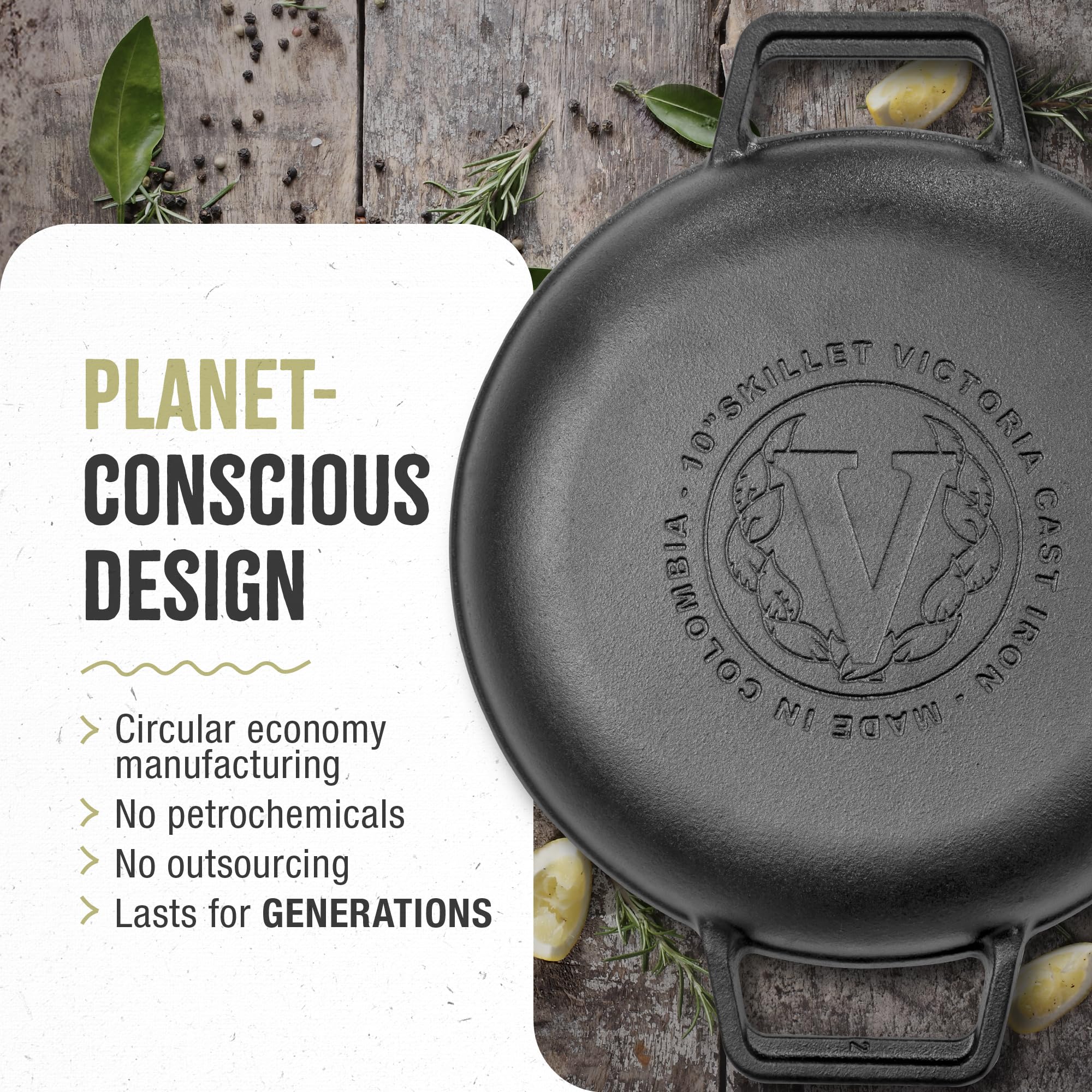 Victoria Cast Iron Round Skillet, 10 Inch, Black, Model SKL-310, Made in Colombia, Durable Double Loop Handles