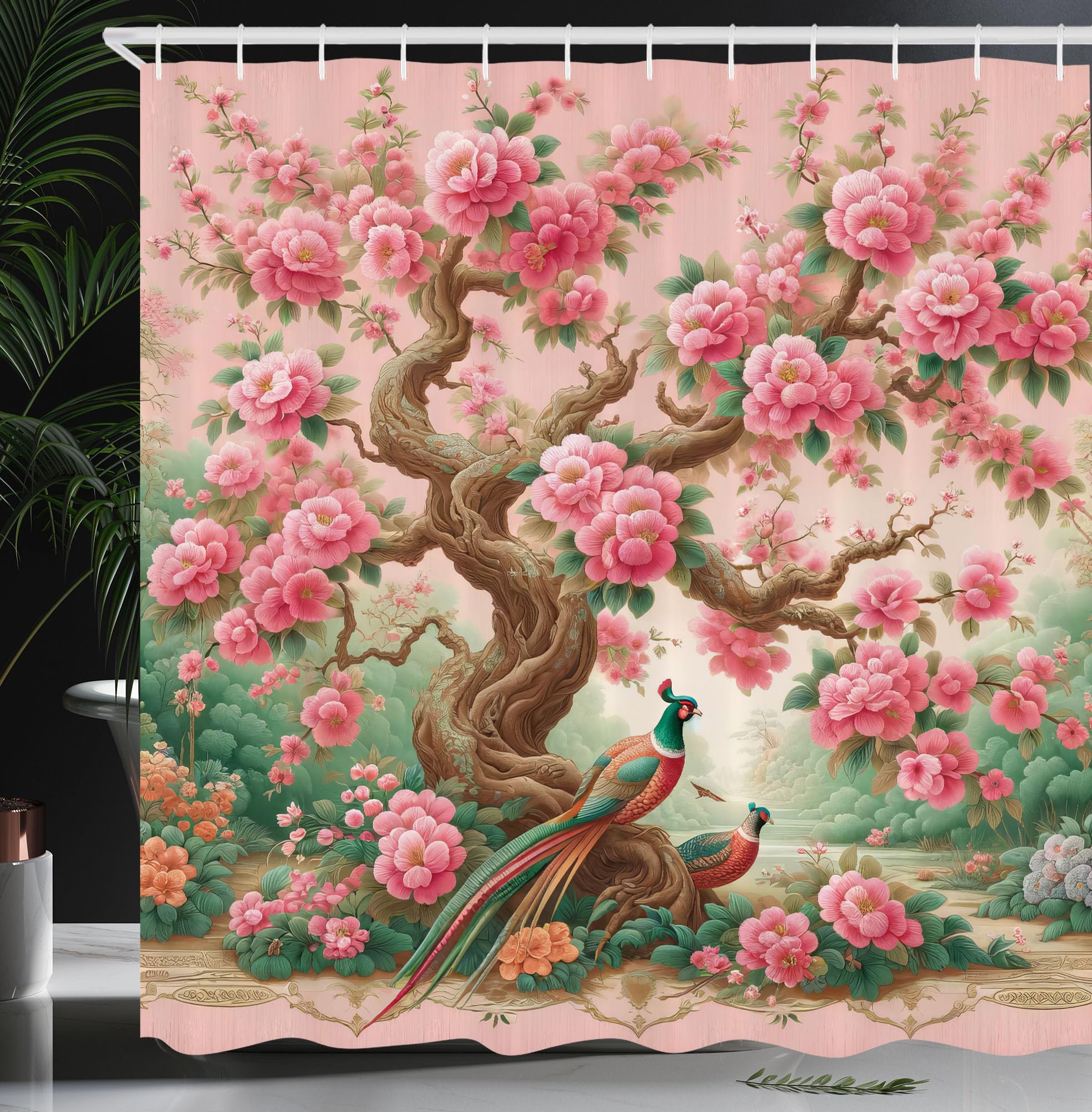 Ambesonne Spring Shower Curtain, Asian Dreamy Blooming Blush Tone Flowers And Peacocks With Fantasy Tree, Cloth Fabric Bathroom
