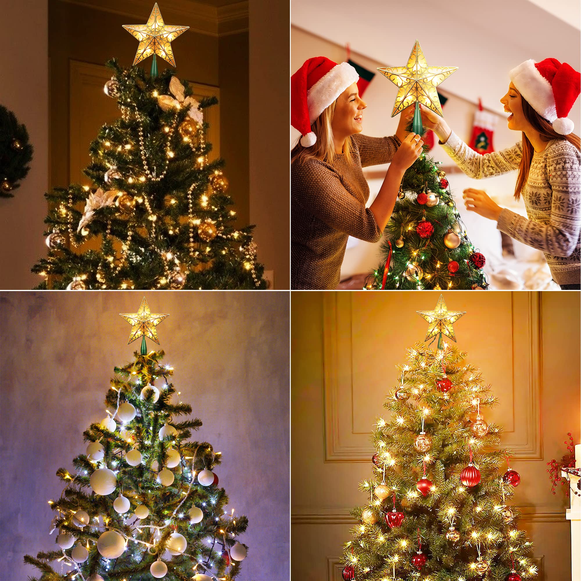 ODEERTONIC Gold Star Tree Topper, 8in Triple Layer Hollow-Out Star Tree Topper, 10 LED Warm White Christmas Tree Topper, Treetop