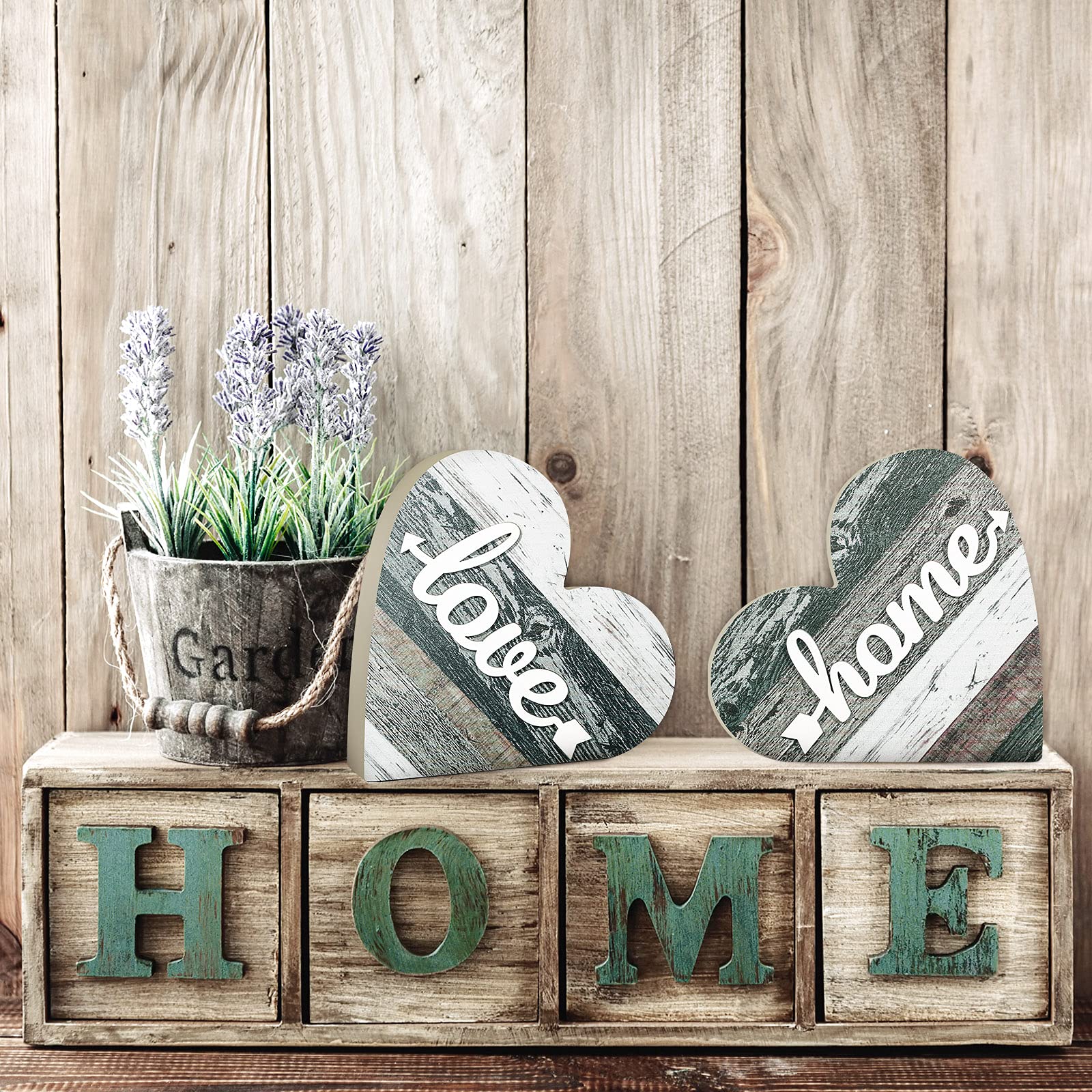 Jetec 2 Pcs Rustic Table Decorations for Living Room Home Farmhouse Table Centerpieces Small Love Wooden Heart Decor for Dining