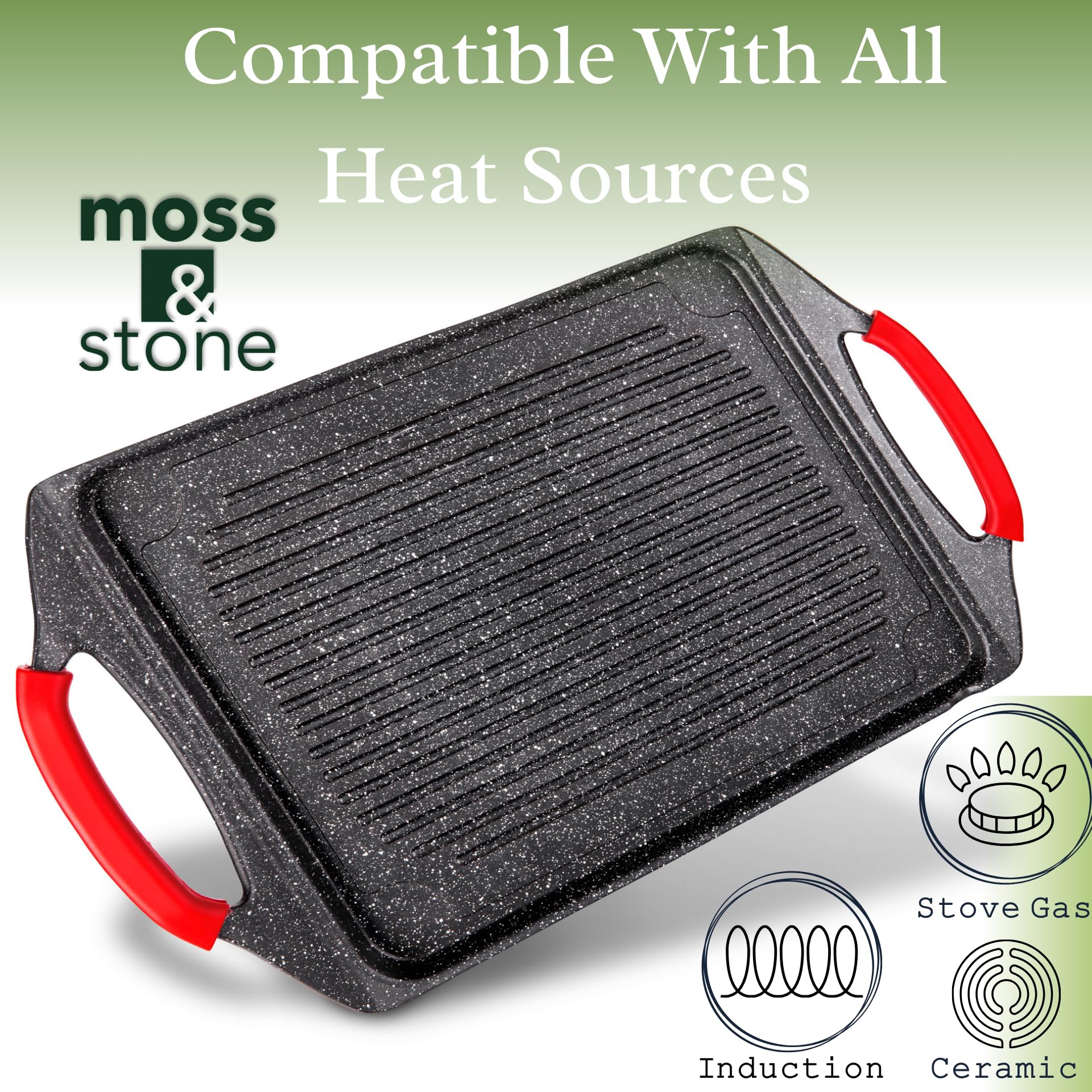 Moss & Stone Griddle Aluminum Bbq Rectangle Indoor Grill Pan, Aluminum Non-Stick Flat Top Griddle, Perfect For Fish Vegetables &