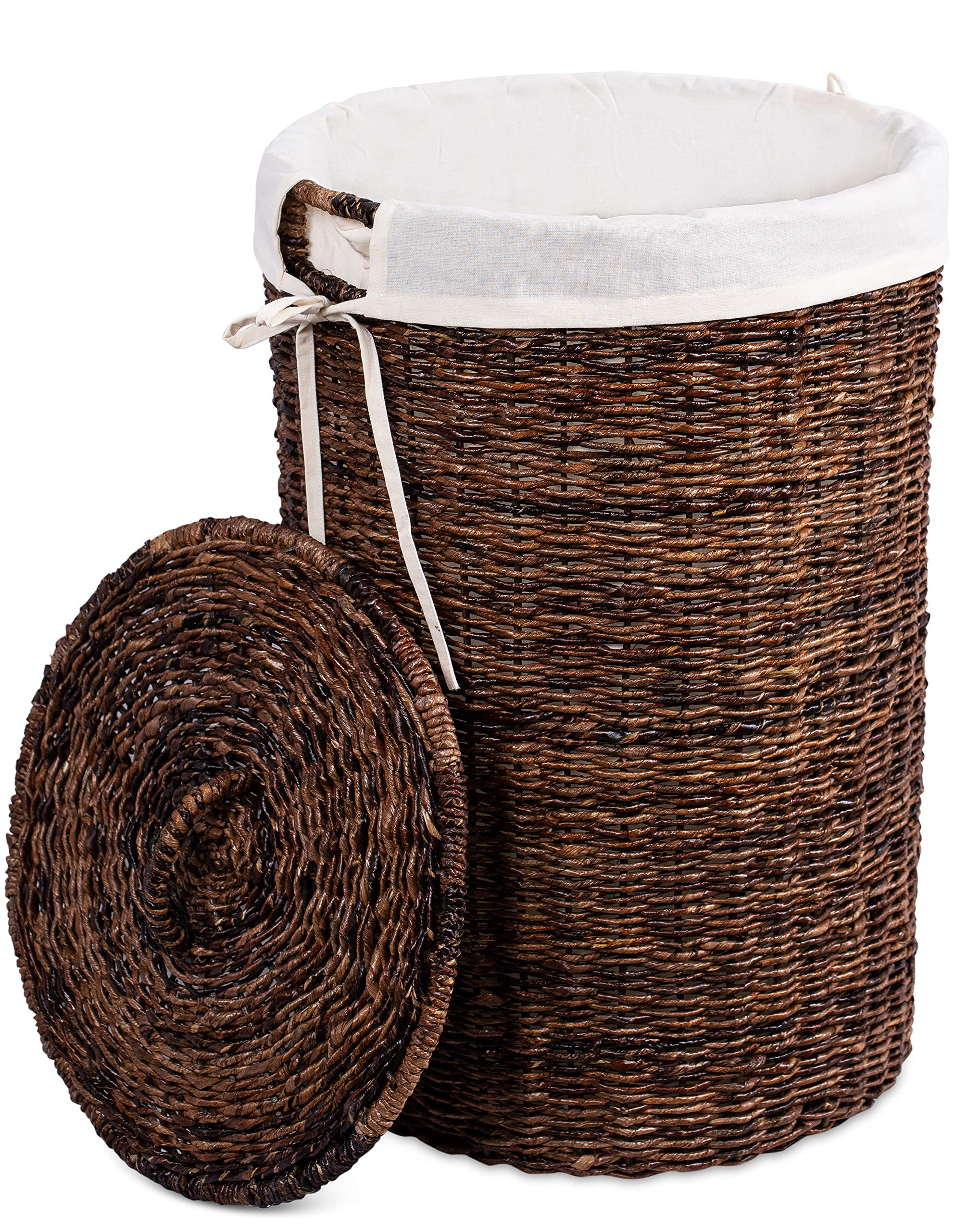 Seagrass Laundry Hamper With Liner | Round Clothes Bin With Lid | Cut-Out Handles For Easy Transport | Includes Machine Washable