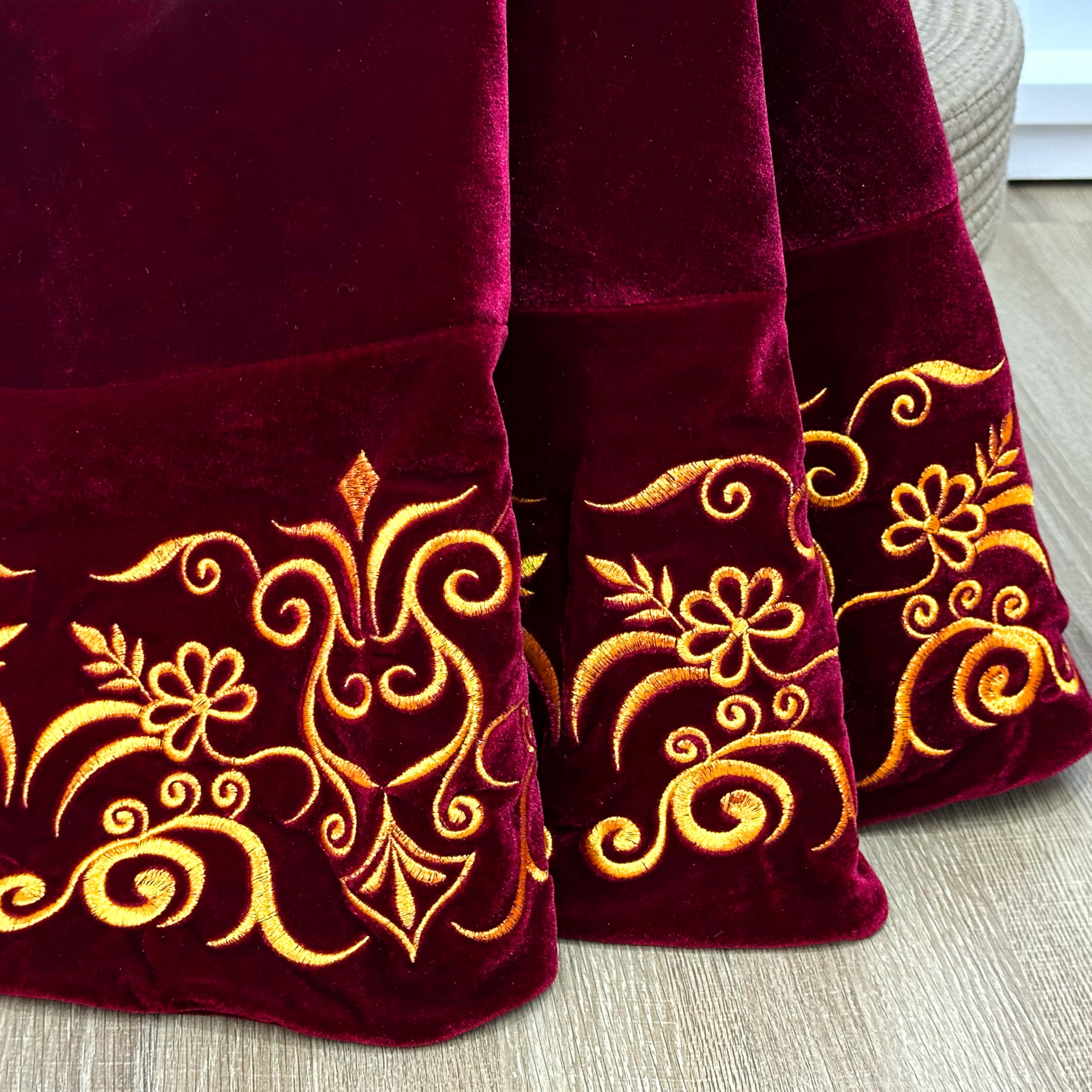 Starry Dynamo 84-Inch Victorian Velvet Christmas Tree Skirt with Gold Damask Embroidery and Plush Lace Ties, Burgundy