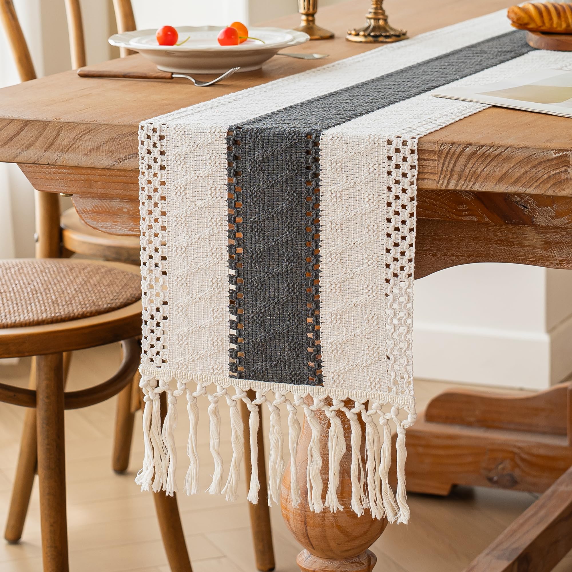 FEXIA Boho Table Runner for Home Decor with Tassels 60 Inches Long,Grey Farmhouse Rustic Table Runner Macrame Burlap Table Decor