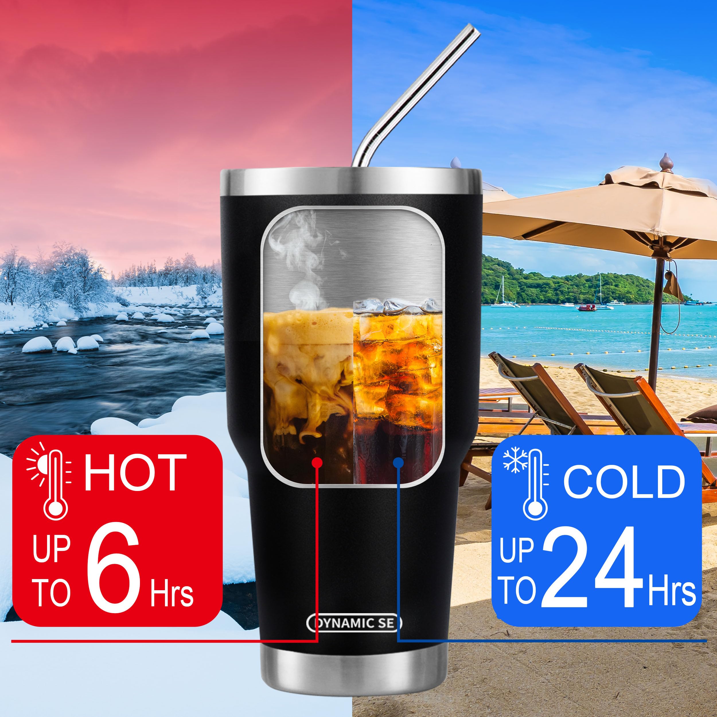 DS 30 oz Black Tumbler Stainless Steel Double Wall Vacuum Insulated Mug with Straw and Lid, Cleaning Brush for Cold and Hot Beve