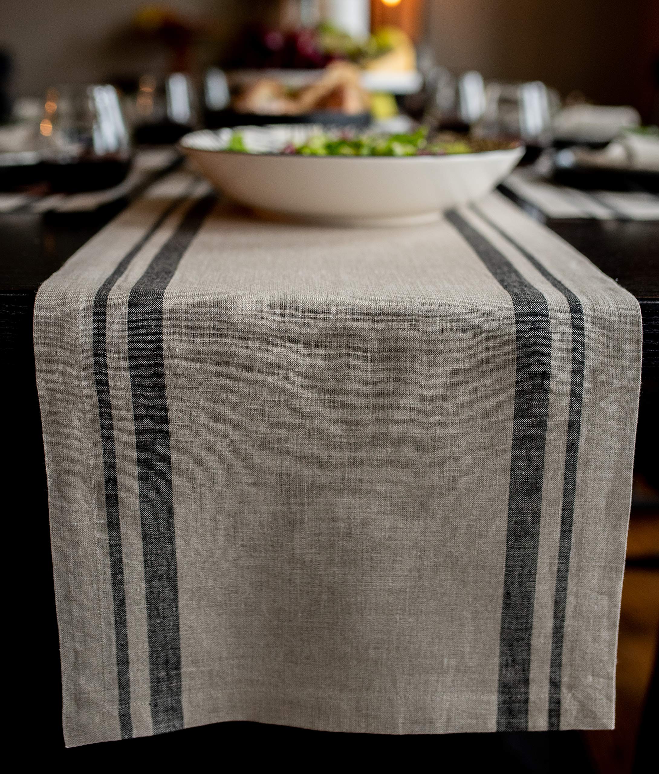 Solino Home Linen Table Runner 14 x 36 Inch - 100% Pure Linen Black and Natural Table Runner for Spring, Easter, Summer - French