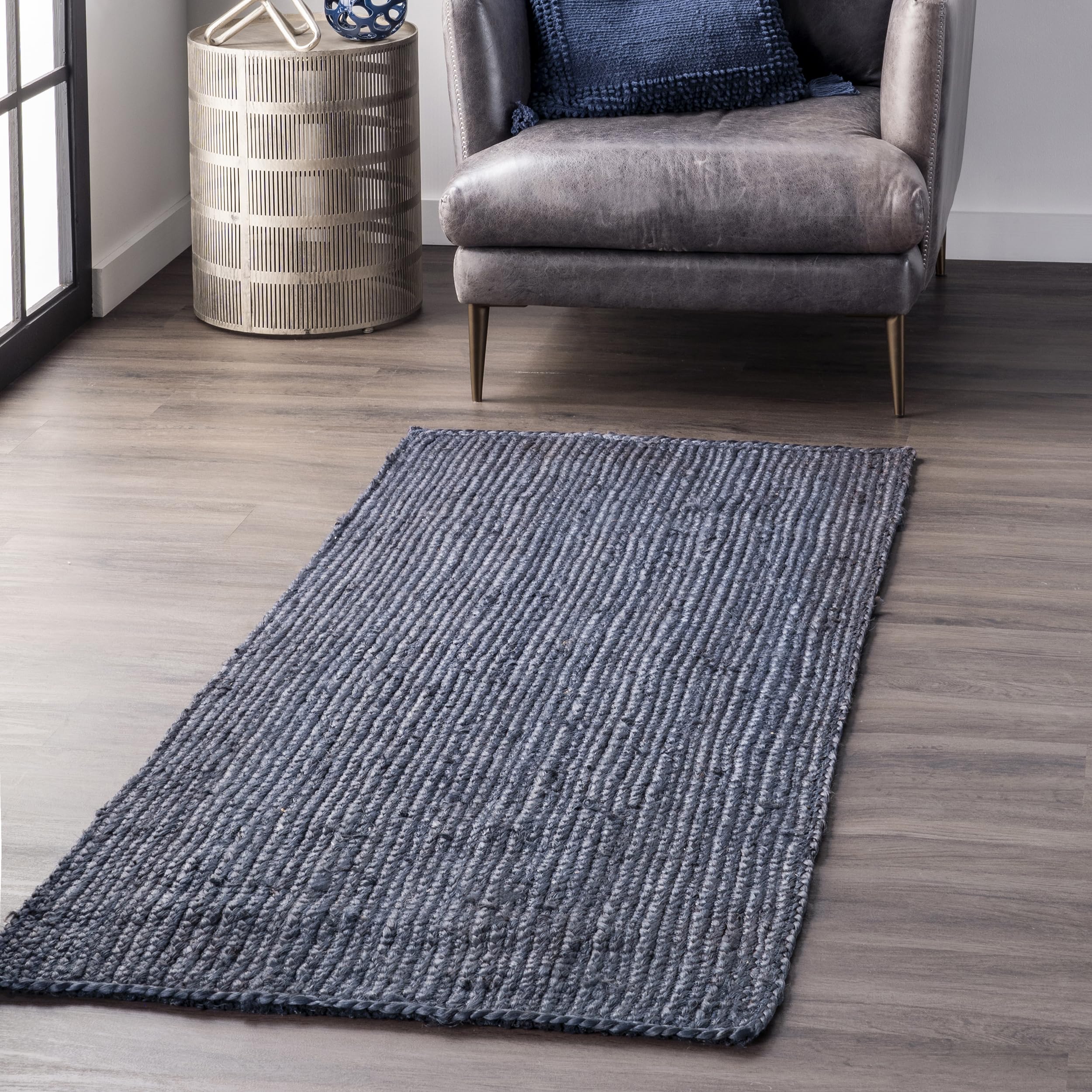 nuLOOM 2x8 Rigo Jute Hand Woven Area Rug, Navy, Solid Farmhouse Design, Natural Fiber, For Bedroom, Living Room, Dining Room, Ha