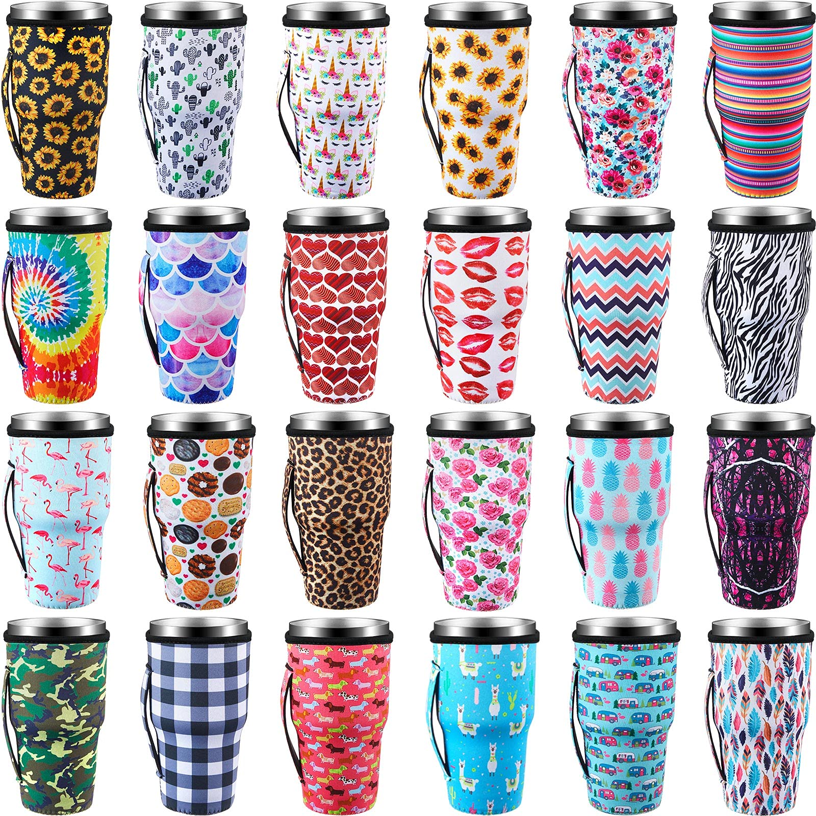 24 Pieces Iced Coffee Cup Sleeves Reusable Iced Coffee Cup Cover Neoprene Insulated Cup Sleeves Drinks Sleeve Holder For 30-32 O