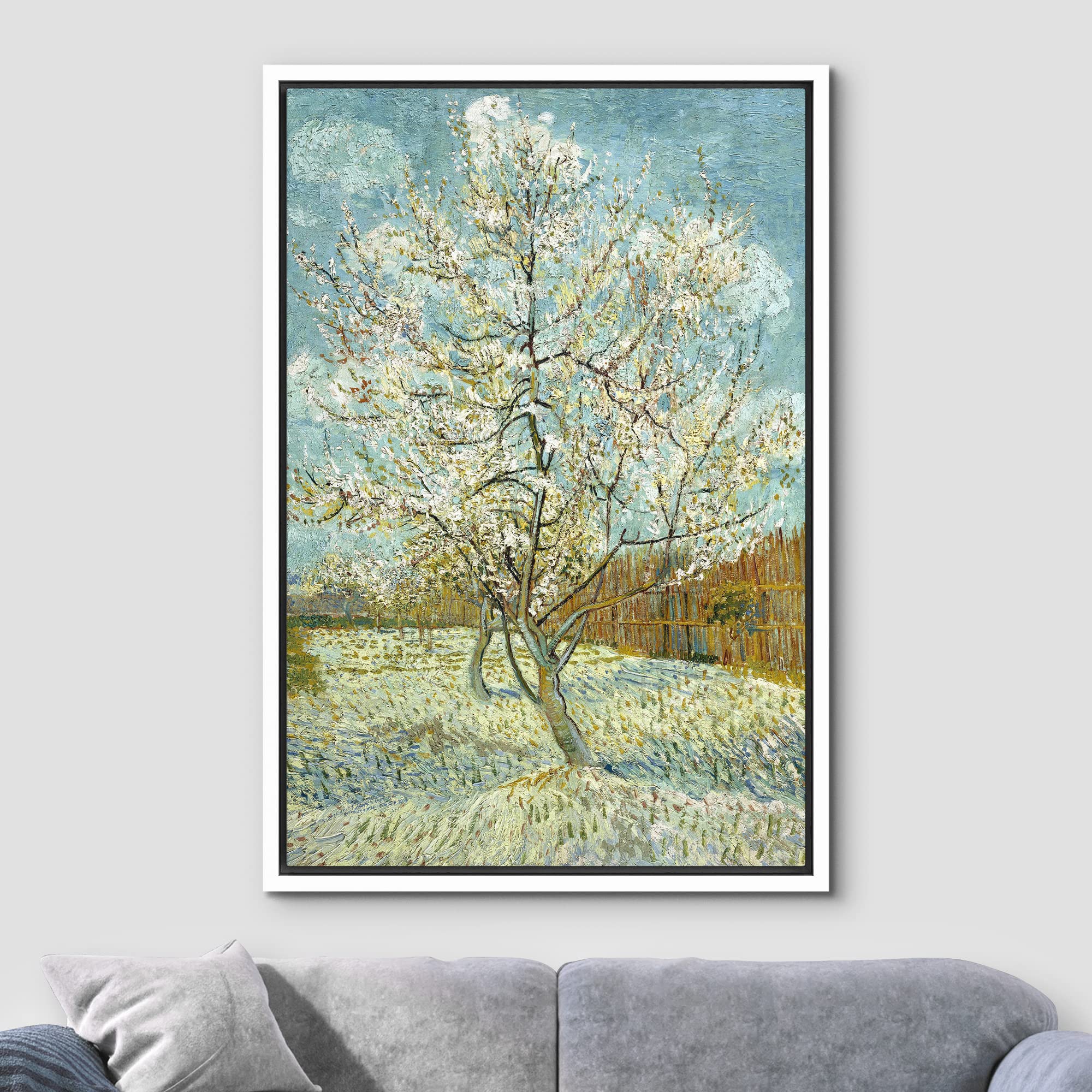 Wall26 The Pink Peach Tree By Vincent Van Gogh - Framed Canvas Print Wall Art Famous Oil Painting Reproduction - 24''X36'' White