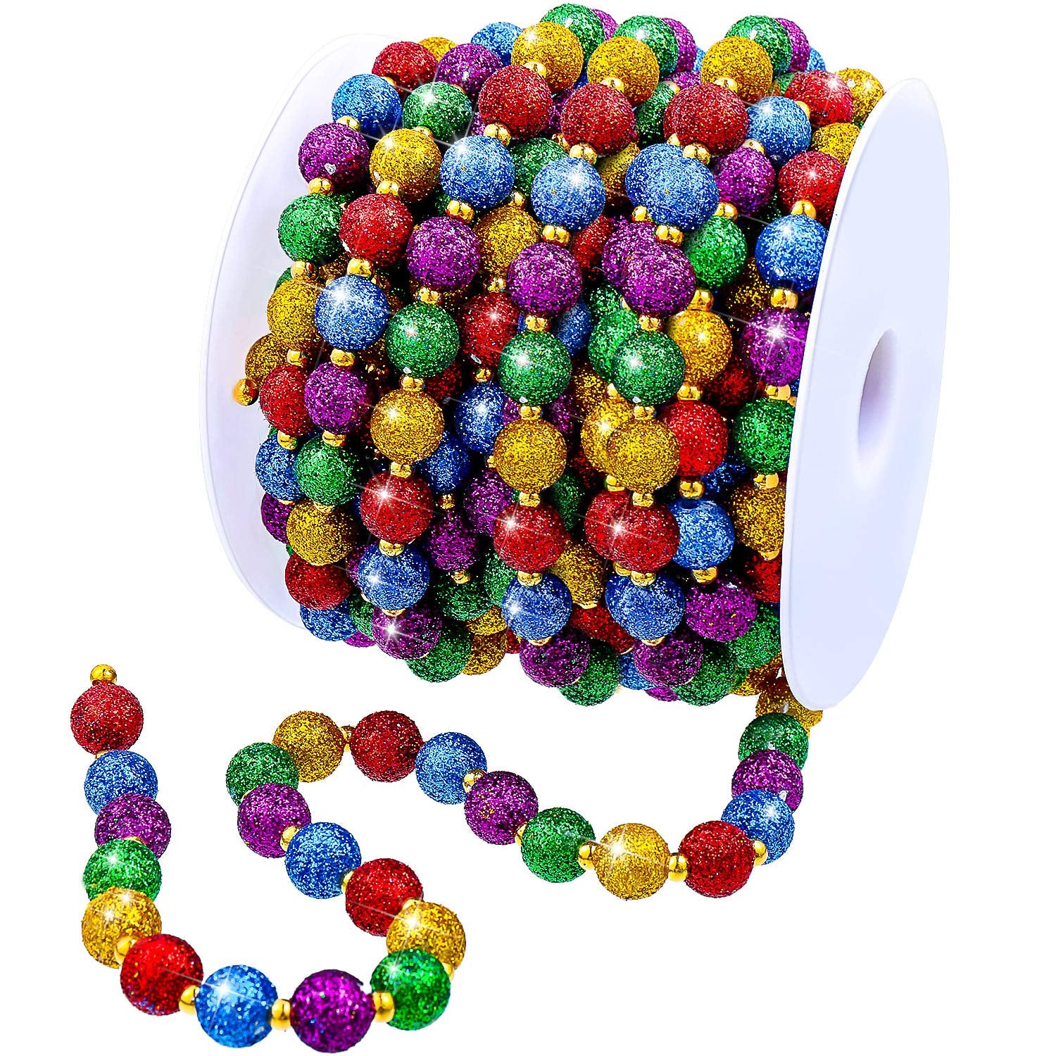 WILLBOND 20 Feet Christmas Multi-Color Beaded Garland Glitter Colorful Tree Beads Garland Ribbon Faux Pearl for Christmas Tree H