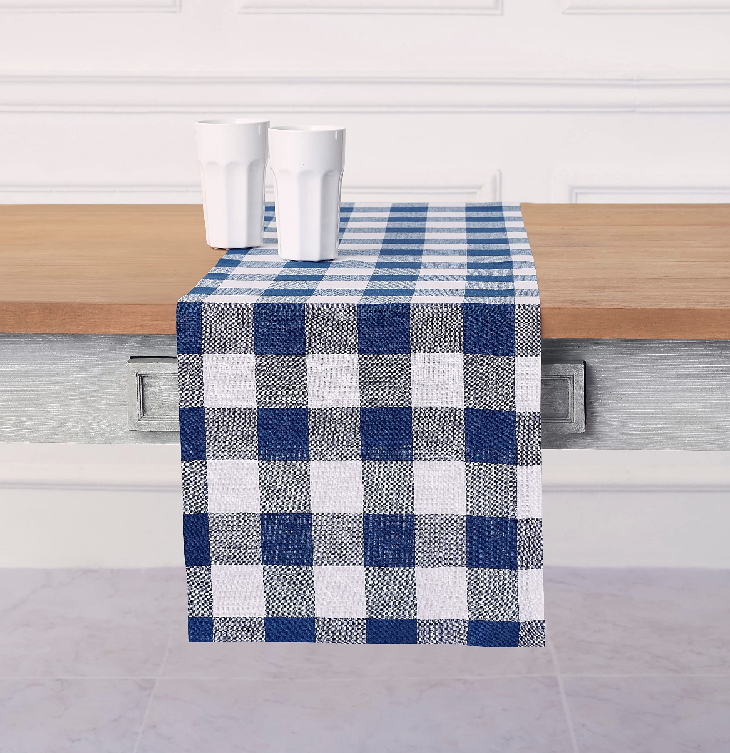 Solino Home Linen Check Table Runner 36 Inch - 100% Pure Linen Blue And White Spring Buffalo Plaid Table Runner 14 X 36 Inch - F