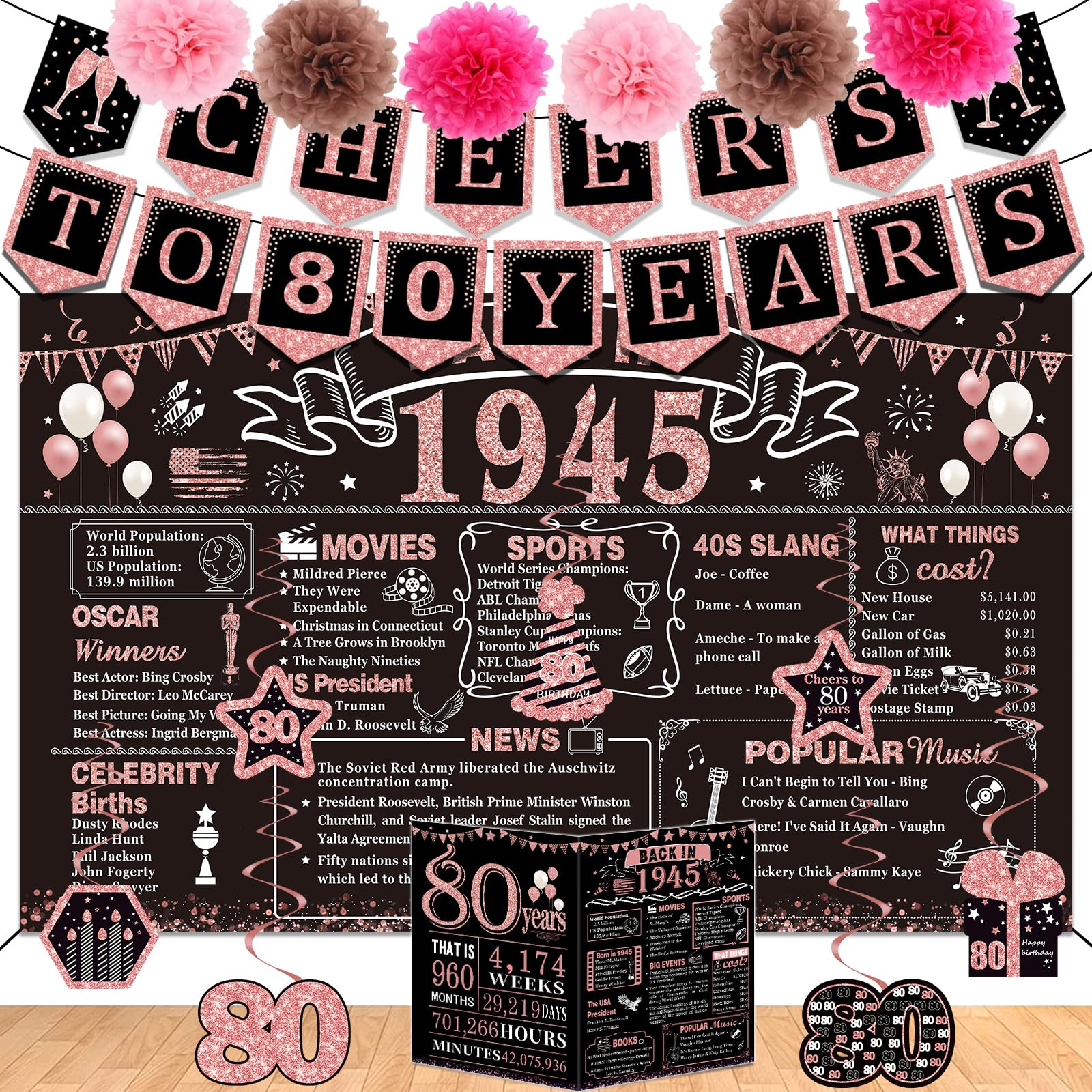 80Th Birthday Decorations For Women,16Pcs Back In 1945 Party Banner Decorations,Including Vintage 1945 Backdrop,Cheers To 80 Yea