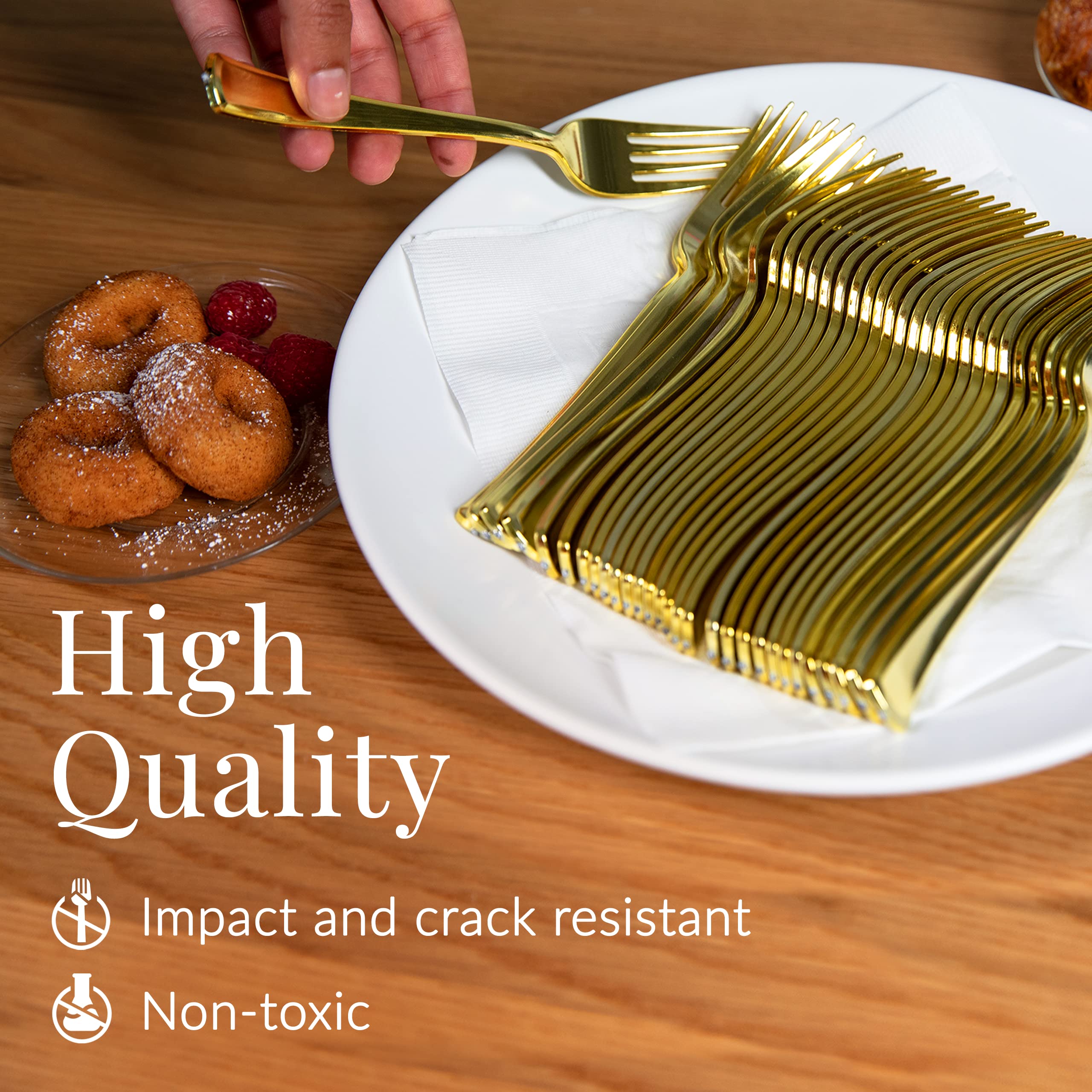 Prestee 300 Gold Plastic Forks Heavy-Duty, Heavyweight Plastic Silverware Forks, Fancy Plastic Cutlery, Elegant Disposable Forks