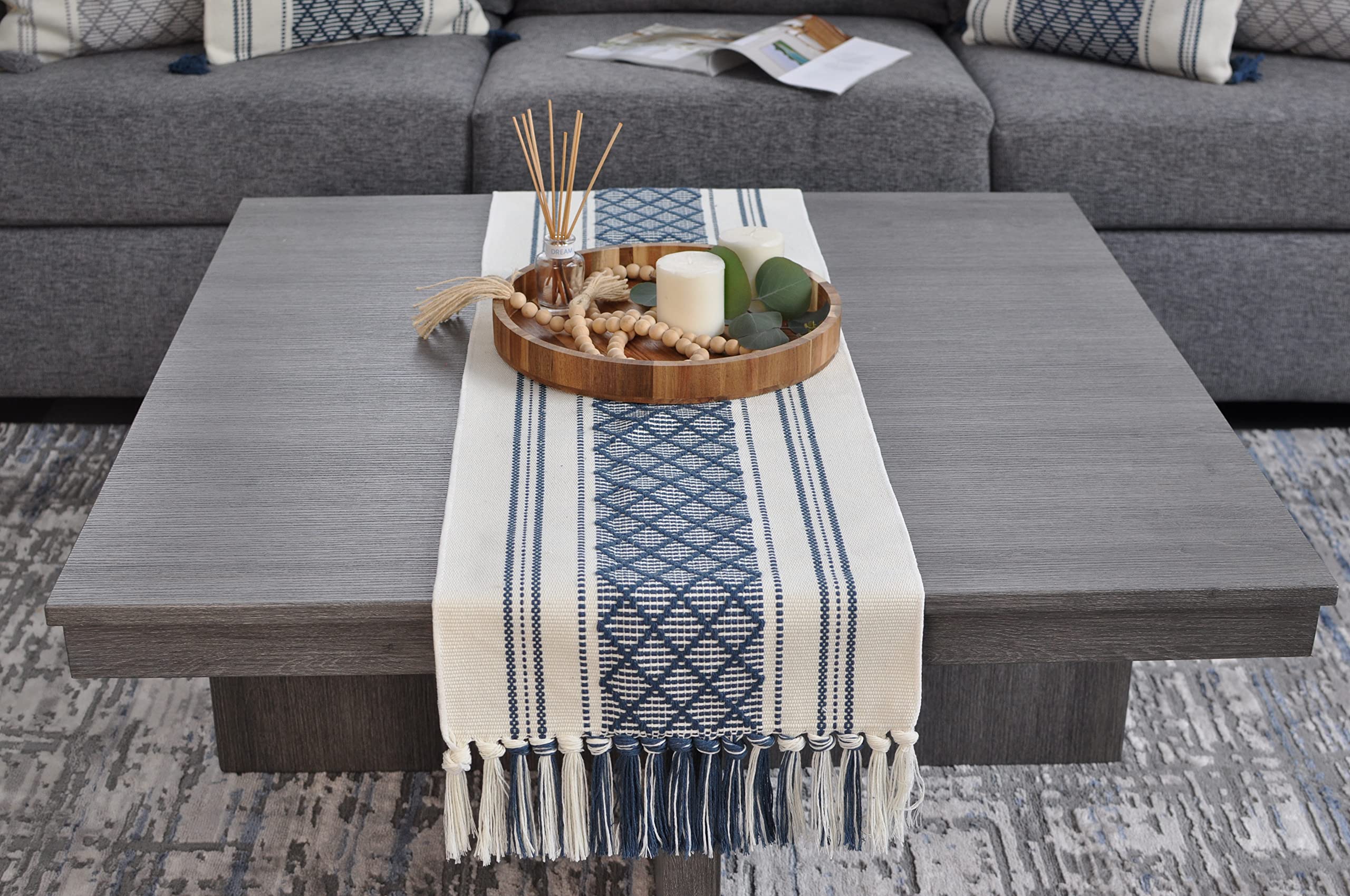 Boho Small Coffee Or Dining Table Runner With Tassels 14 X 48 Inches, Blue & Cream | Woven Washable Dresser Scarf For Bedroom |