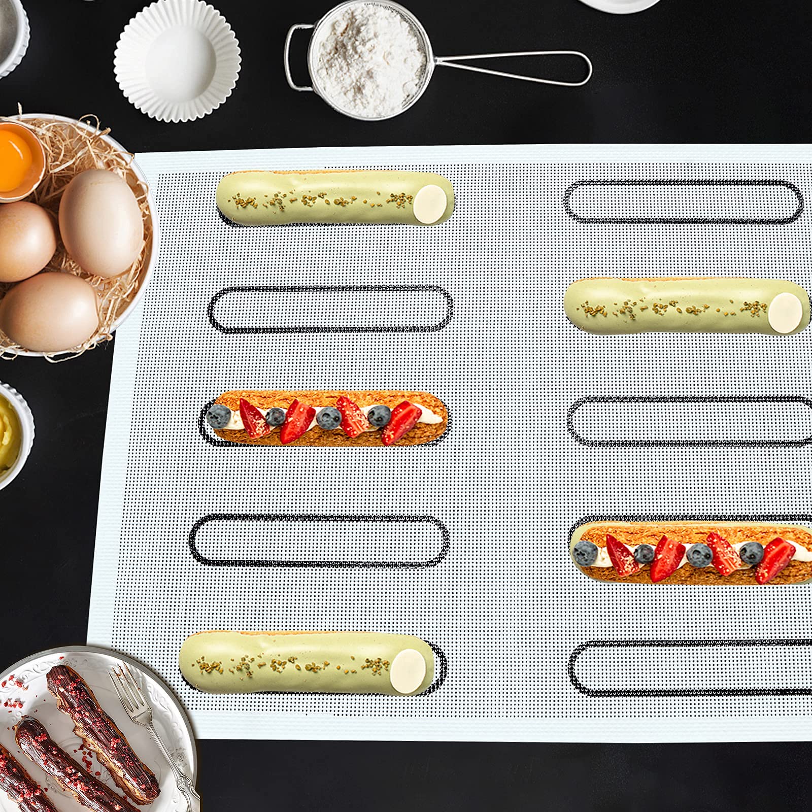 Firsmat 2 Pk Perforated Eclair Mesh Mat Silicone Baking Mats For Bread Tartlets Cookies Oven Sheets (11-4/5'' X 15-3/4'')
