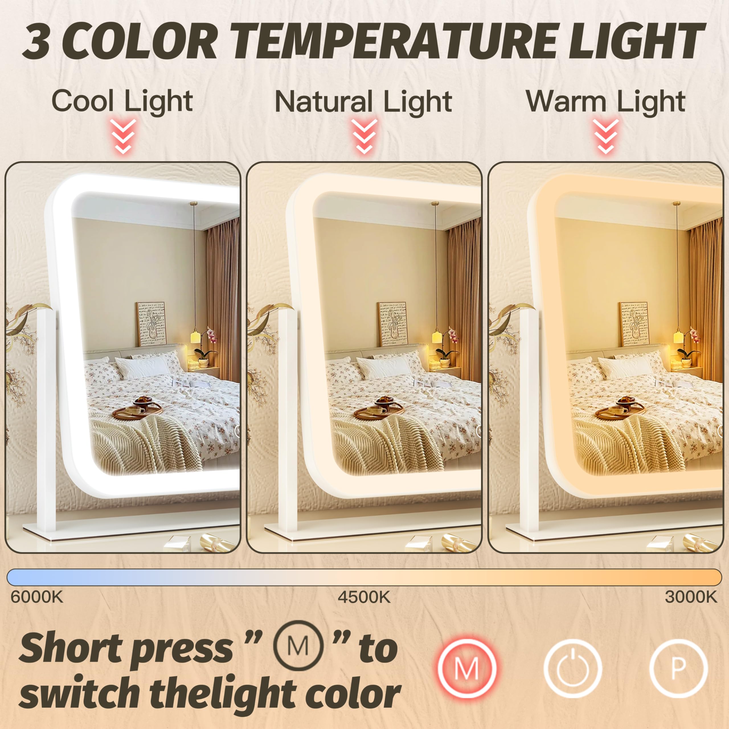 Fennio Vanity Mirror With Lights 17''X13'' Makeup Mirror With Lights,Vanity Mirror Touch Screen With 3-Color Lighting,Dimmable,F