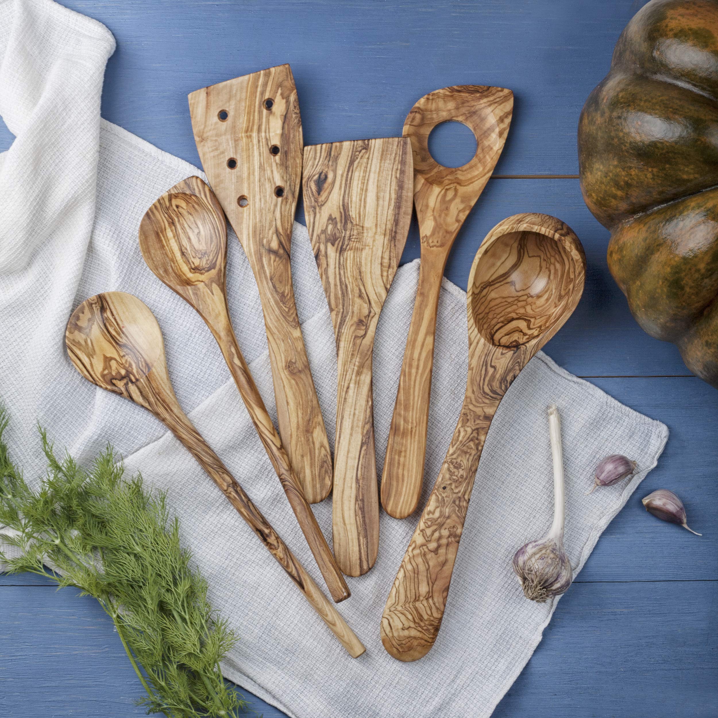 Forest Decor Olive Wood Utensils Set For Cooking - 6Pcs Non-Stick Handmade Wooden Spatulas For Cookware - Non Scratch Natural Wo