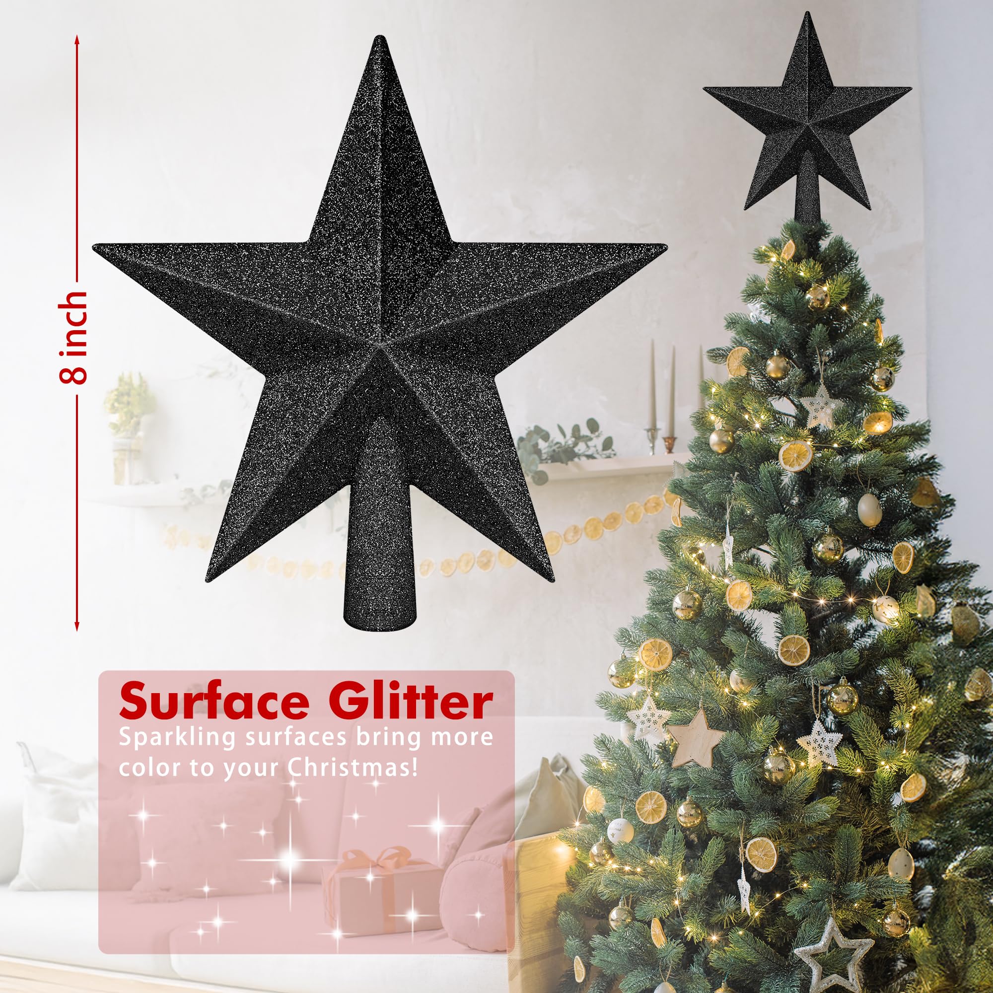 Christmas Tree Ornament, 8 Black Christmas Star Tree Topper Accessories, Xmas Glitter 3D Bethlehem Tree Topper Ornament, Waterpr