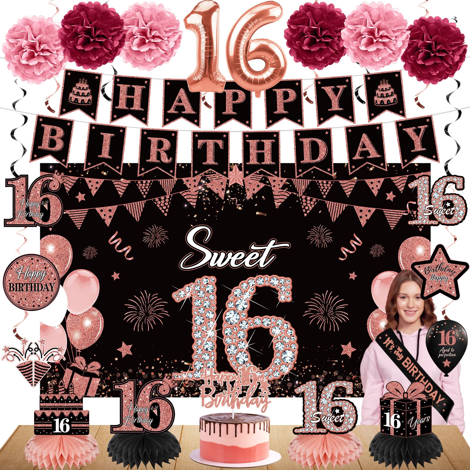 Eucutur 42Pcs Sweet 16 Birthday Party Decoration Kit For Girls, Rose Gold Happy 16Th Bday Banner Balloon Honeycomb Centerpiece S