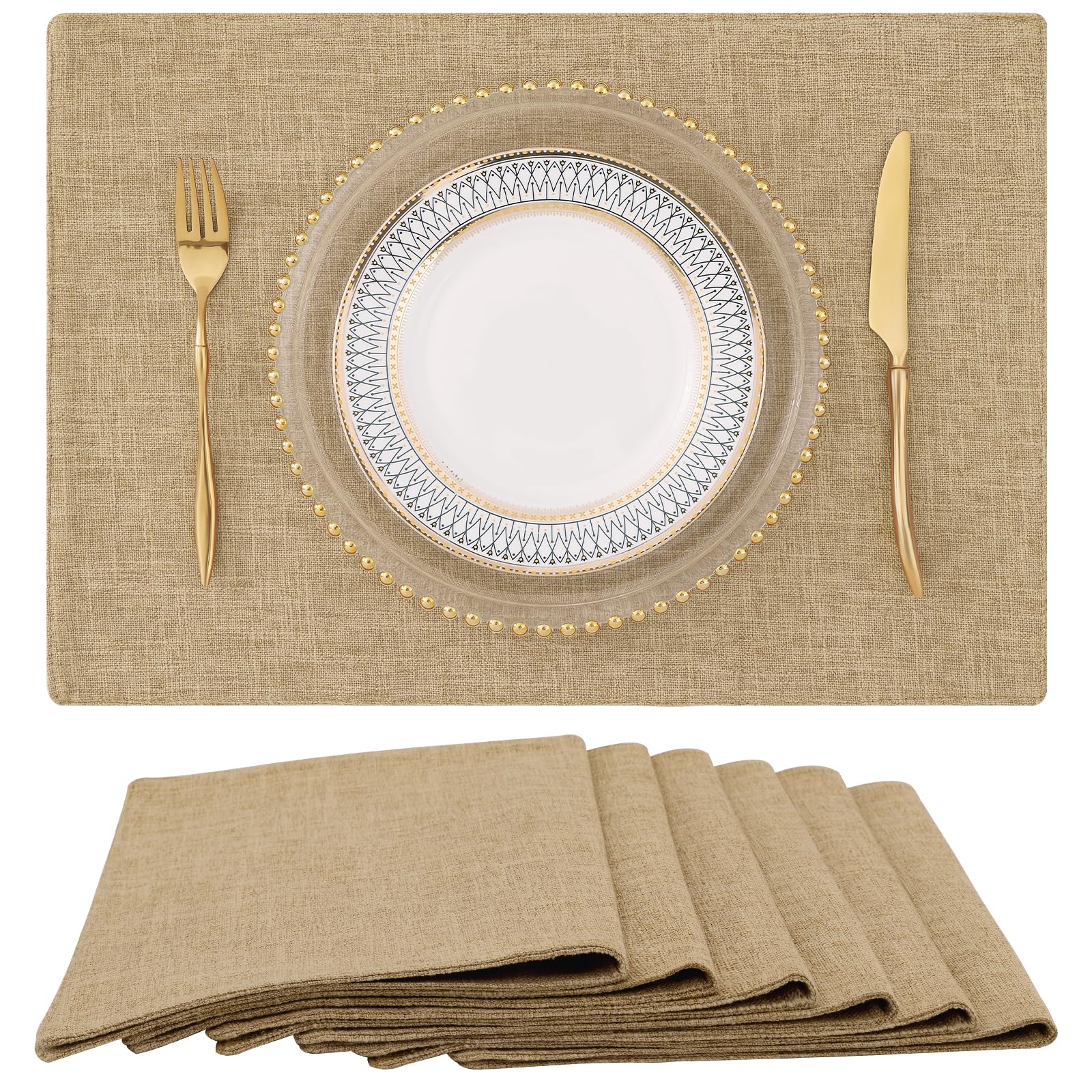 Homing Flaxen Cloth Placemats Set Of 6 - Cotton Linen Blend Washable Dining Table Mats For Indoors & Outdoors, Easy To Clean, 13