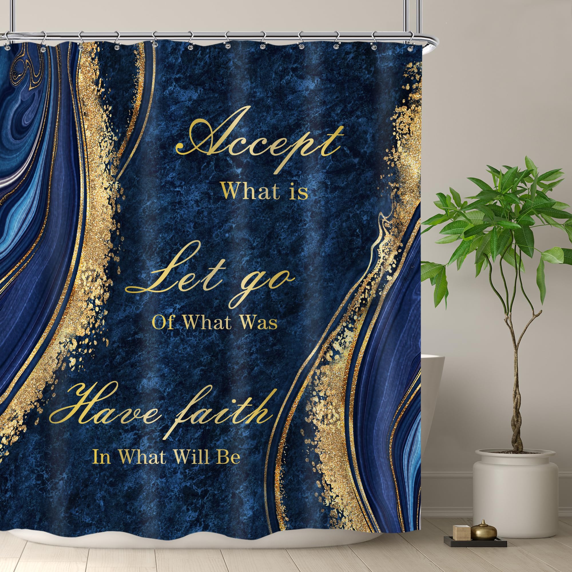Omifly Navy Blue Marble Shower Curtain 60Wx72H Inch Inspirational Quotes Abstract Gold Veins Modern Luxury Aesthetic Fluid Ink T