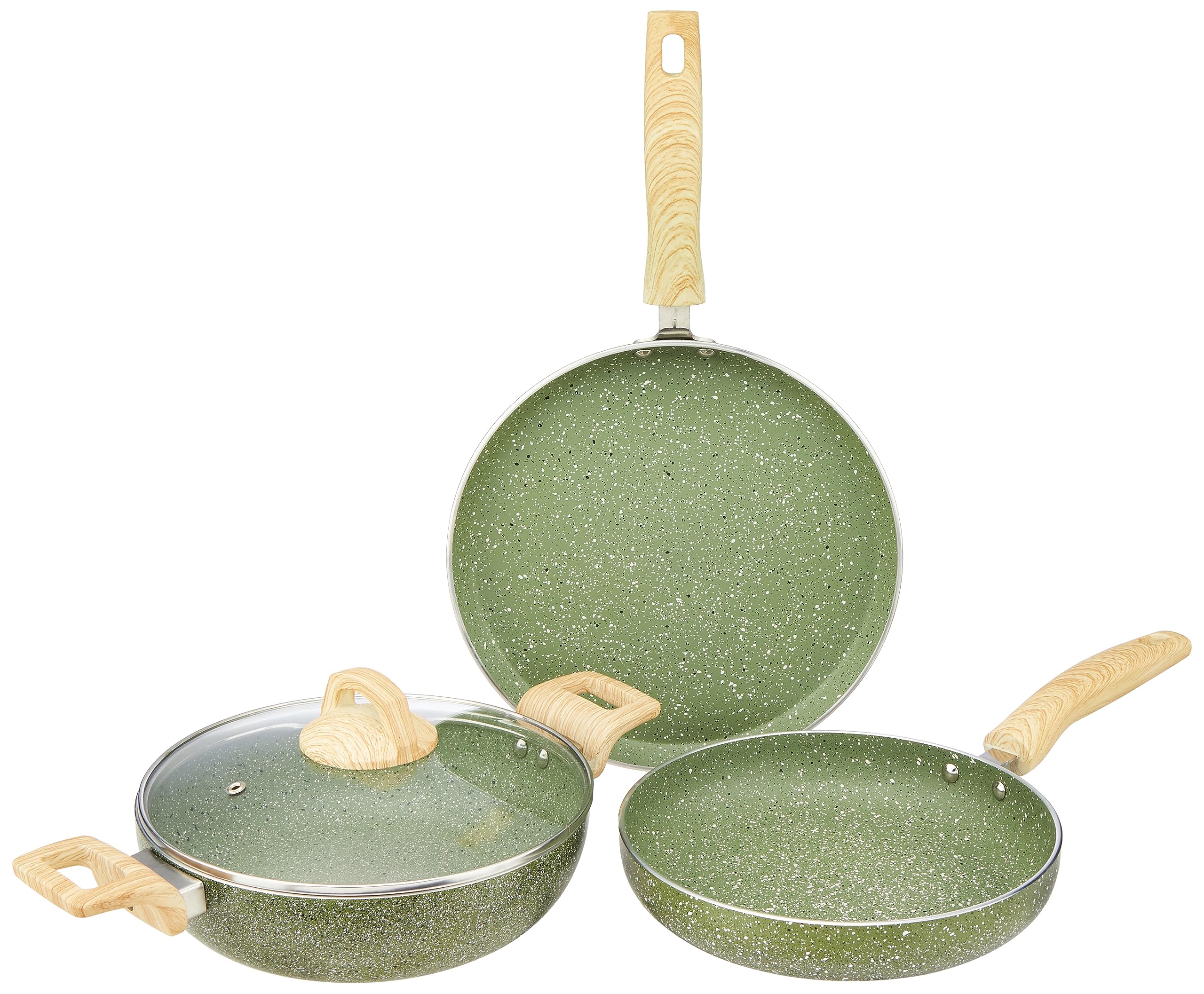 Amazon Basics Granite Finish Aluminium Non-Stick Cookware Set | Set Of 3 | Induction Base | 24Cm Fry Pan, 24 Cm Kadai, 28Cm Tawa