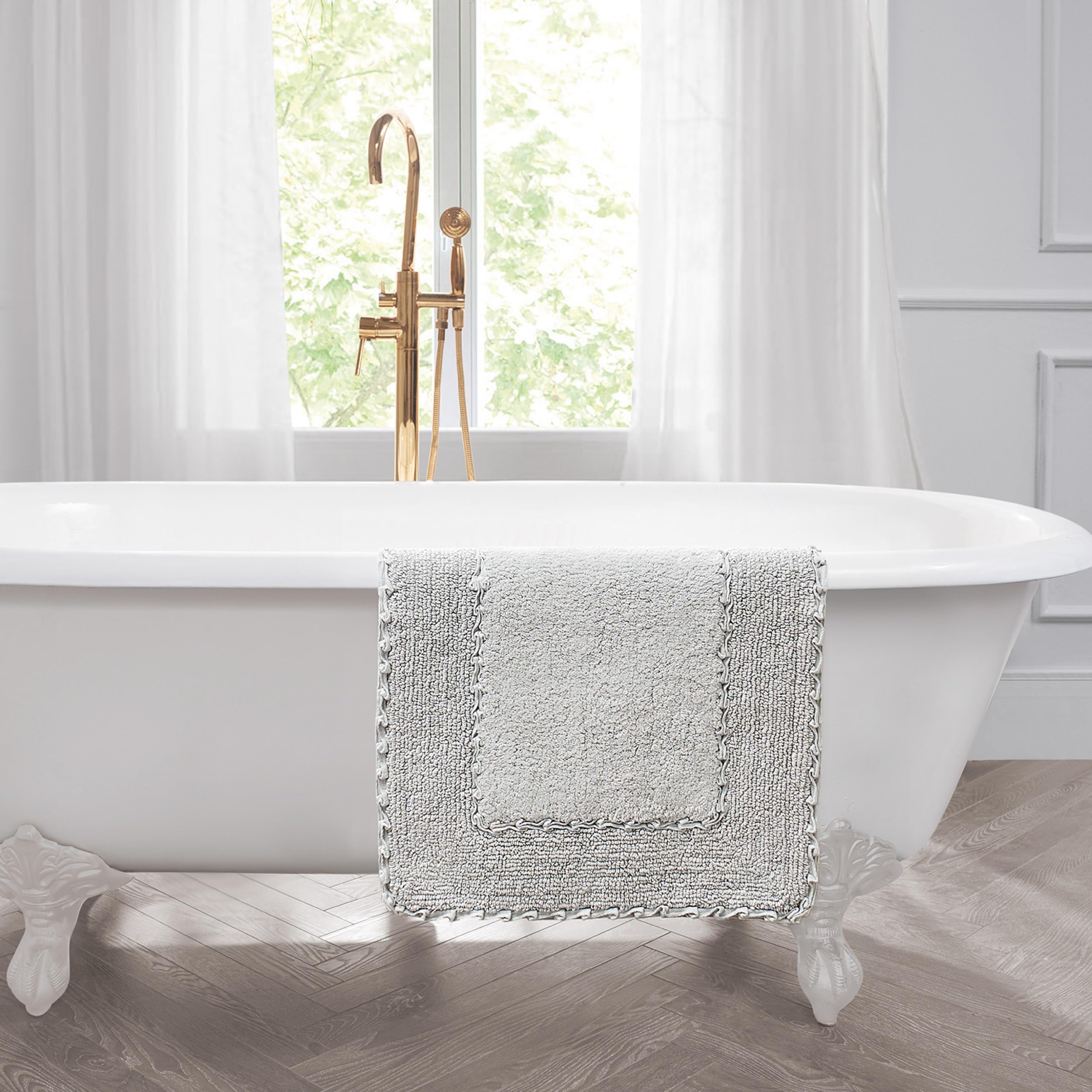 Laura Ashley Ruffle Cotton 17'' X 24'' Bath Rug, Light Gray