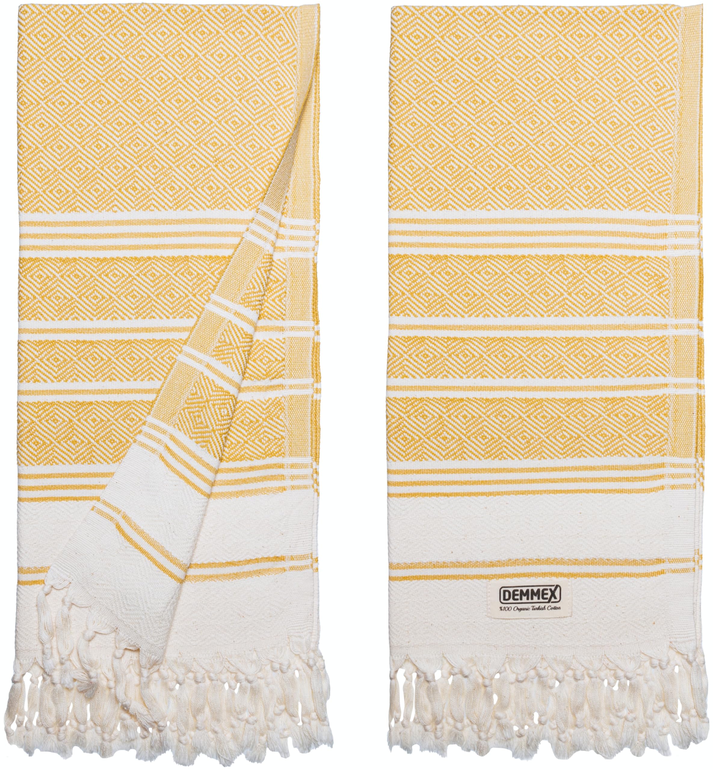 DEMMEX (Set of 2) Certified 100% Organic Turkish Cotton Prewashed Decorative Bathroom Peshtemal Towel for Hand  Face  Hair  Gym  Yoga  Tea  Discloth  Kitchen  Bath  18x36 Inches (Mustard)