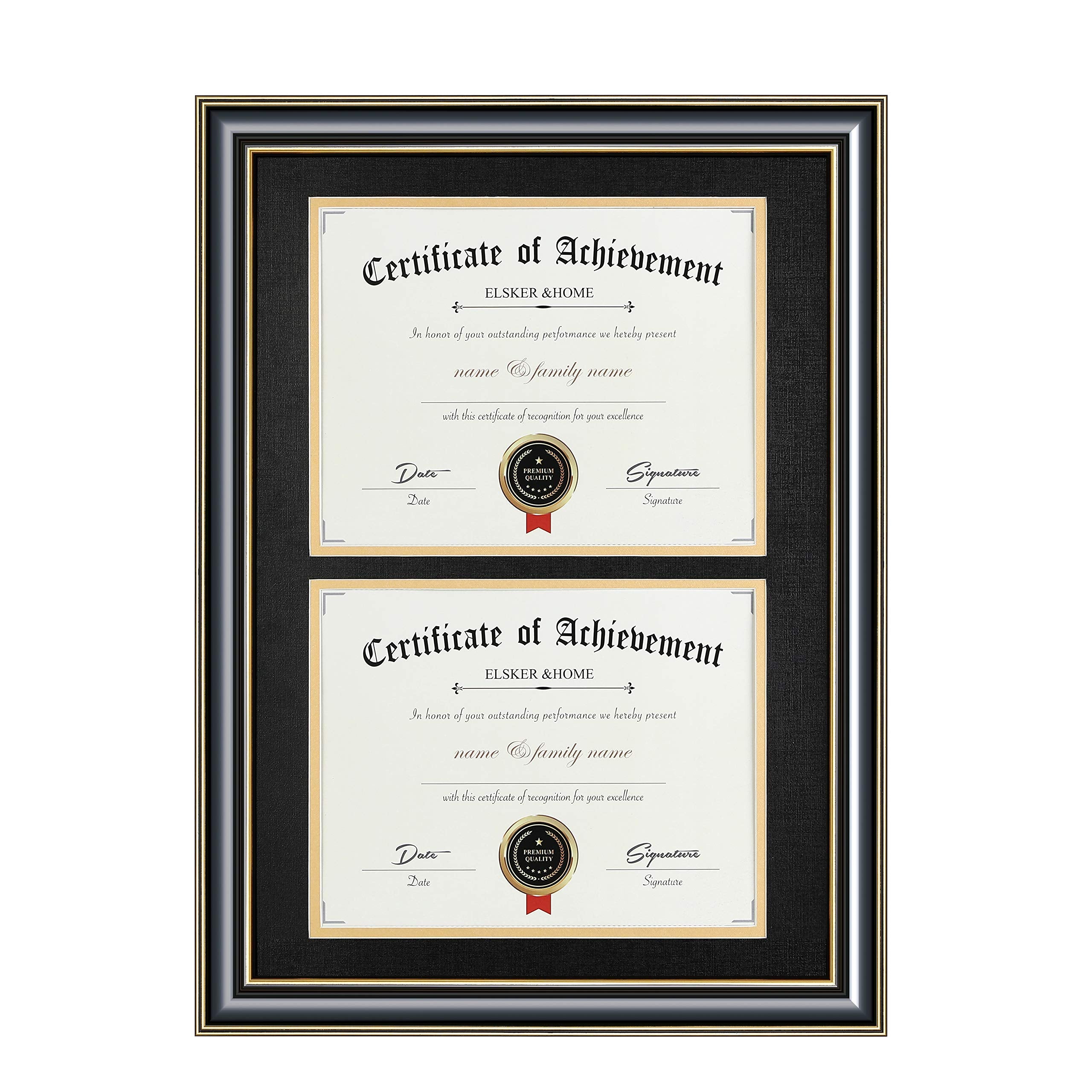 ELSKER&HOME Wood Picture Frame, 16.73x22.64in, Double Mat Black Mat with Golden Rim, Document Frame for 2 8.5x11in Certificates,