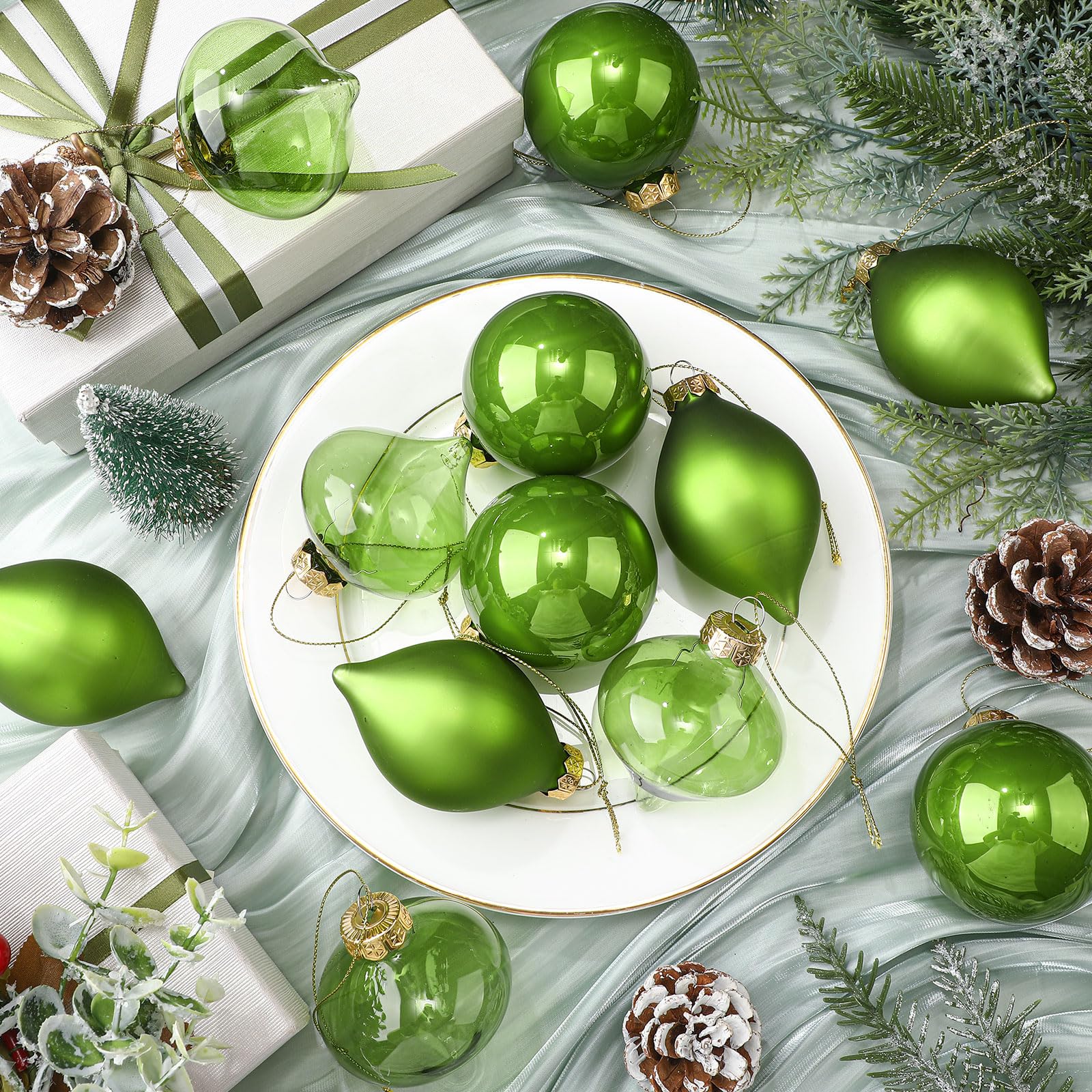 Zomiboo 12 Pcs Lime Green Glass Christmas Ball Ornaments Set 3.15 Hanging Shatterproof Glass Bulbs for Christmas Tree Baubles Bu