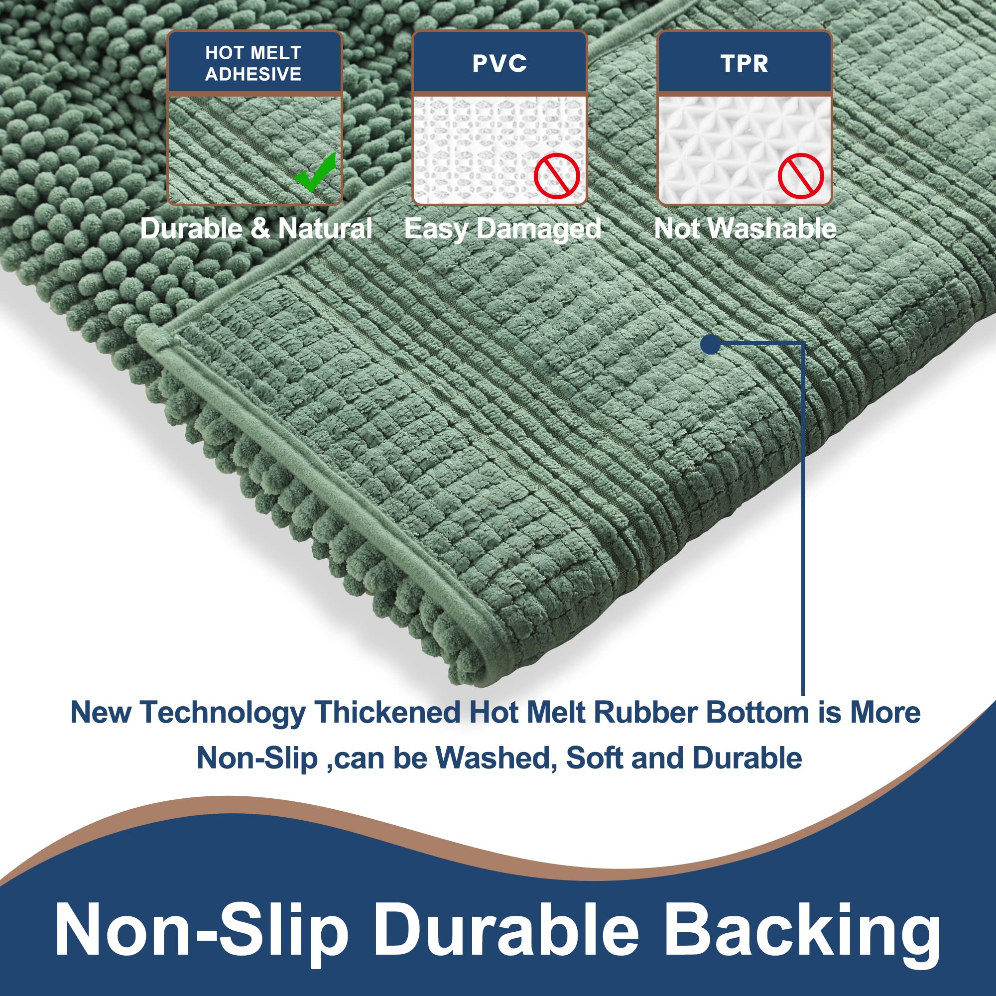 Non Slip Thick Shaggy Chenille Sage Green Bathroom Rug Sets 2 Piece, Thickened Hot Melt Rubber Bottom Bath Mats For Bathroom, Ba