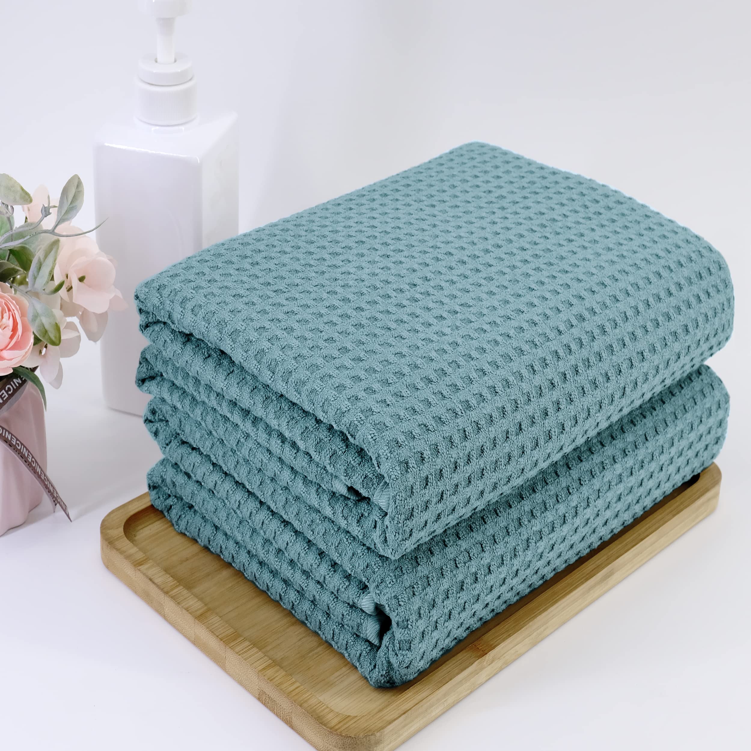 Polyte Microfiber Oversize Quick Dry Lint Free Bath Towel, 60 X 30 In, Set Of 2 (Green, Waffle Weave)