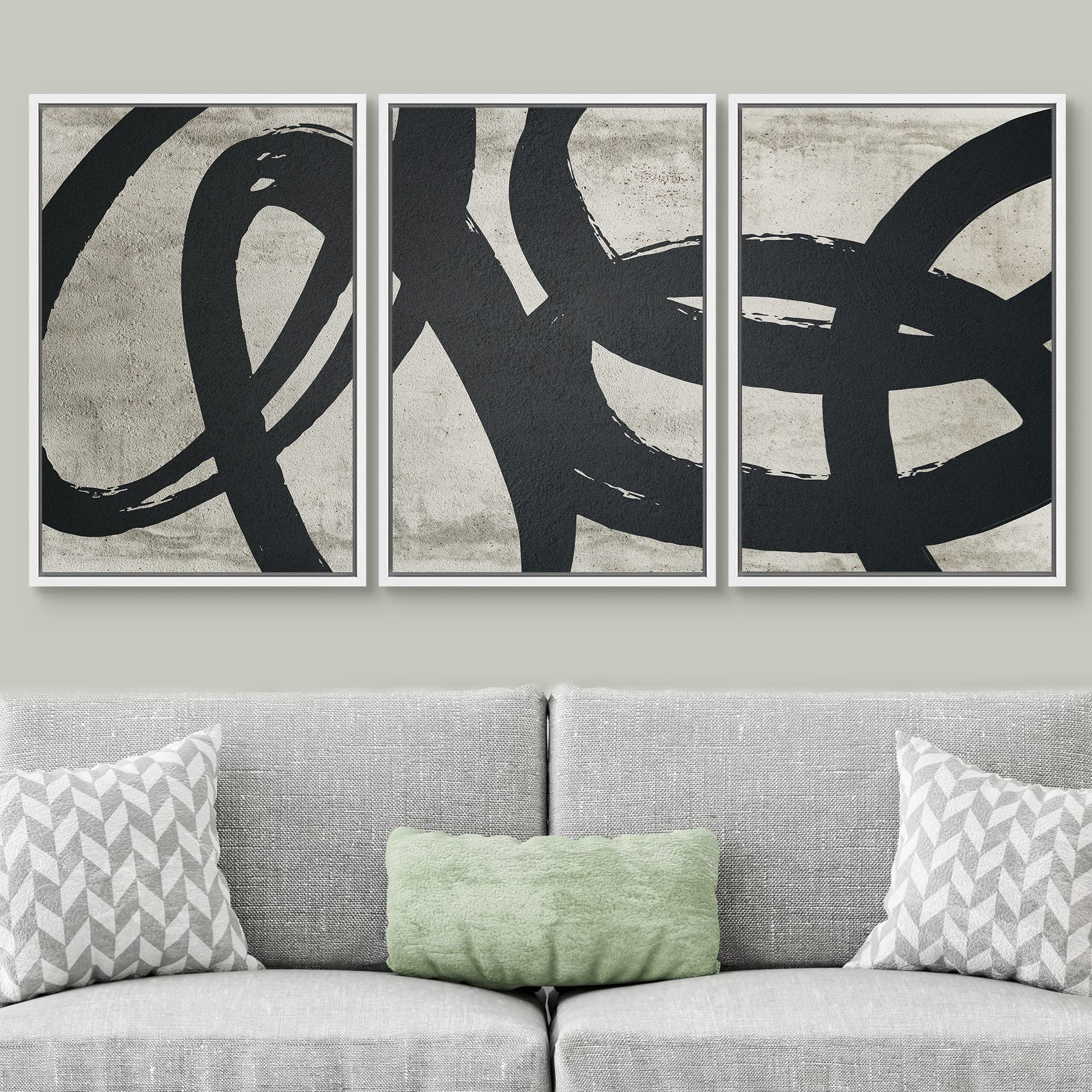 SIGNWIN Framed Canvas Print Wall Art Set Geometric Paint Stroke Spiral Rings Shapes Abstract Illustrations Modern Art Decorative Nordic Calm/Zen for Living Room  Bedroom  Office - 24''x36''x3 White