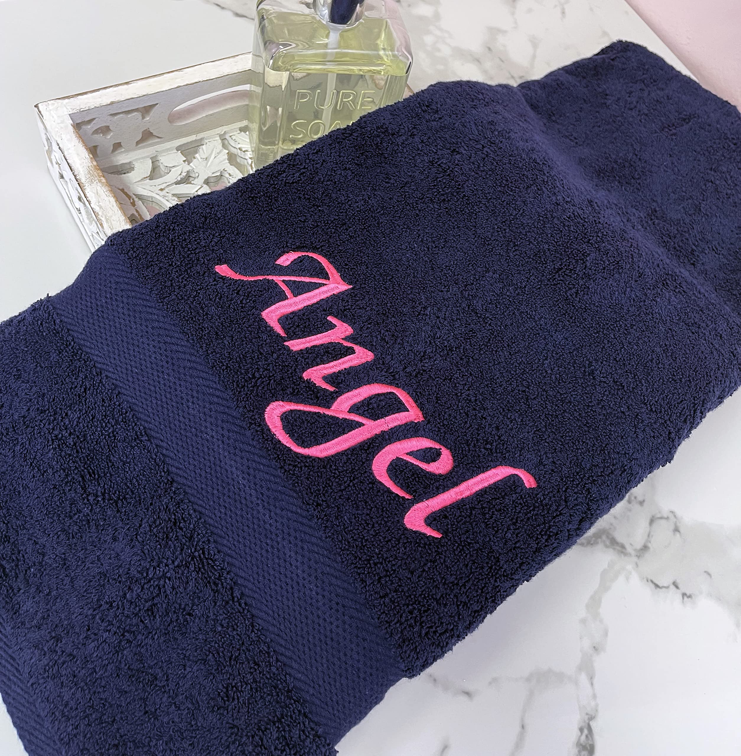 Liberty21 Monogrammed Personalized Bath Towel. Custom Embroidered Towel. (Dark Blue)