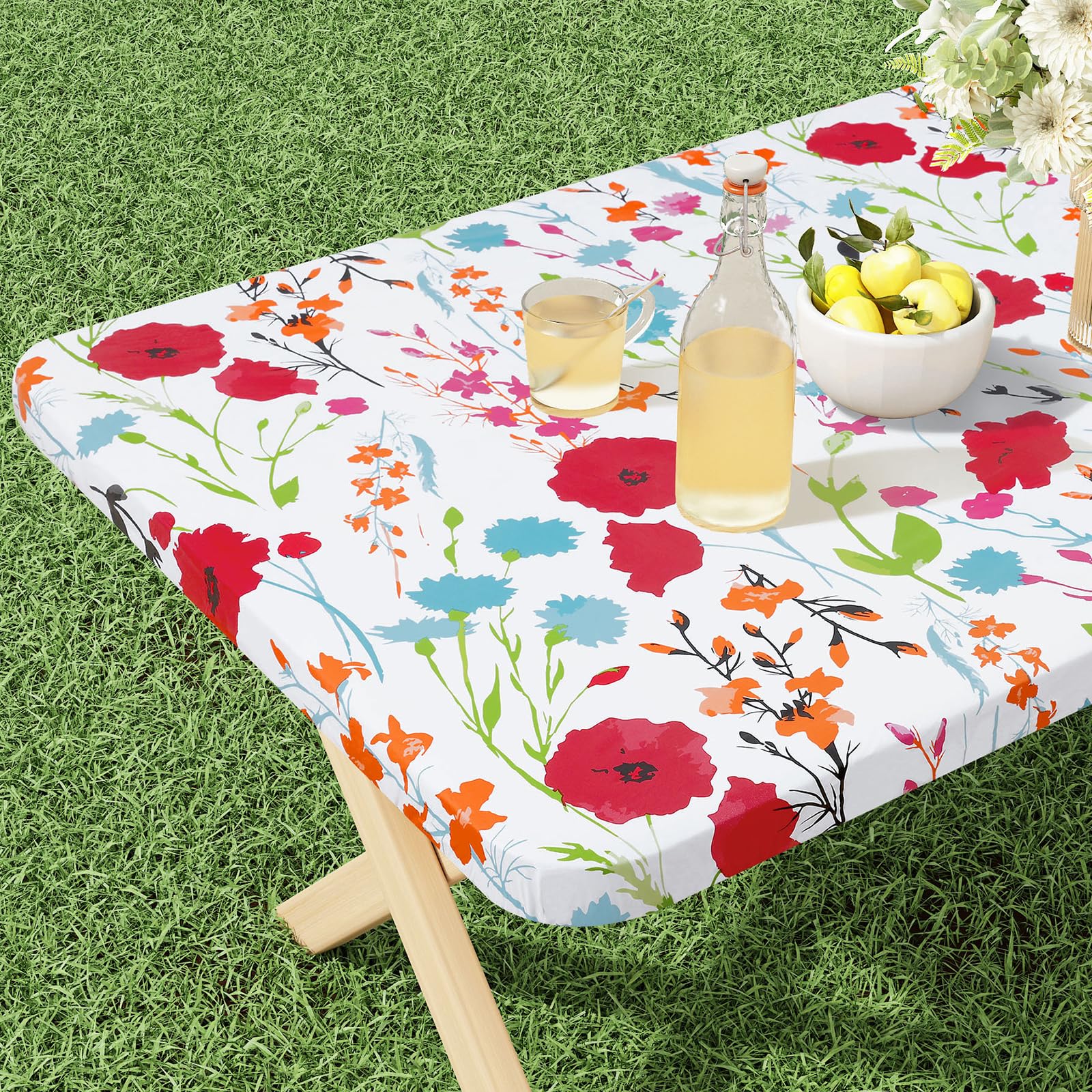 misaya Rectangle Vinyl Tablecloth, Fitted Table Cover, 100% Waterproof, Elastic Edge, Flannel Backing, Plastic Table Cloth Fit F