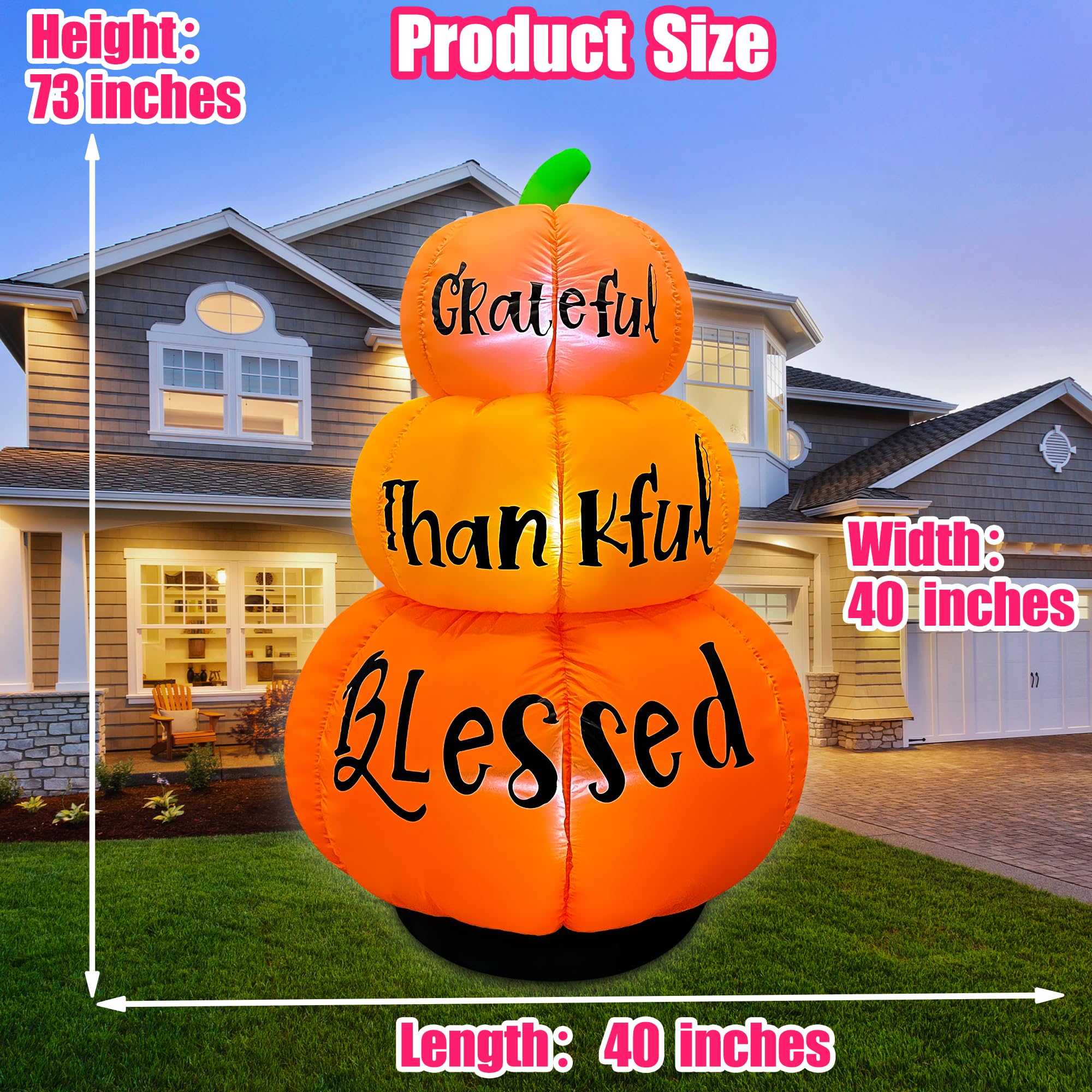 JOYEASE Thanksgiving Inflatables,6FT Stacked Pumpkins Decoration Built-in LEDs Fall Blow up Grateful Thankful Blessed Thanksgivi