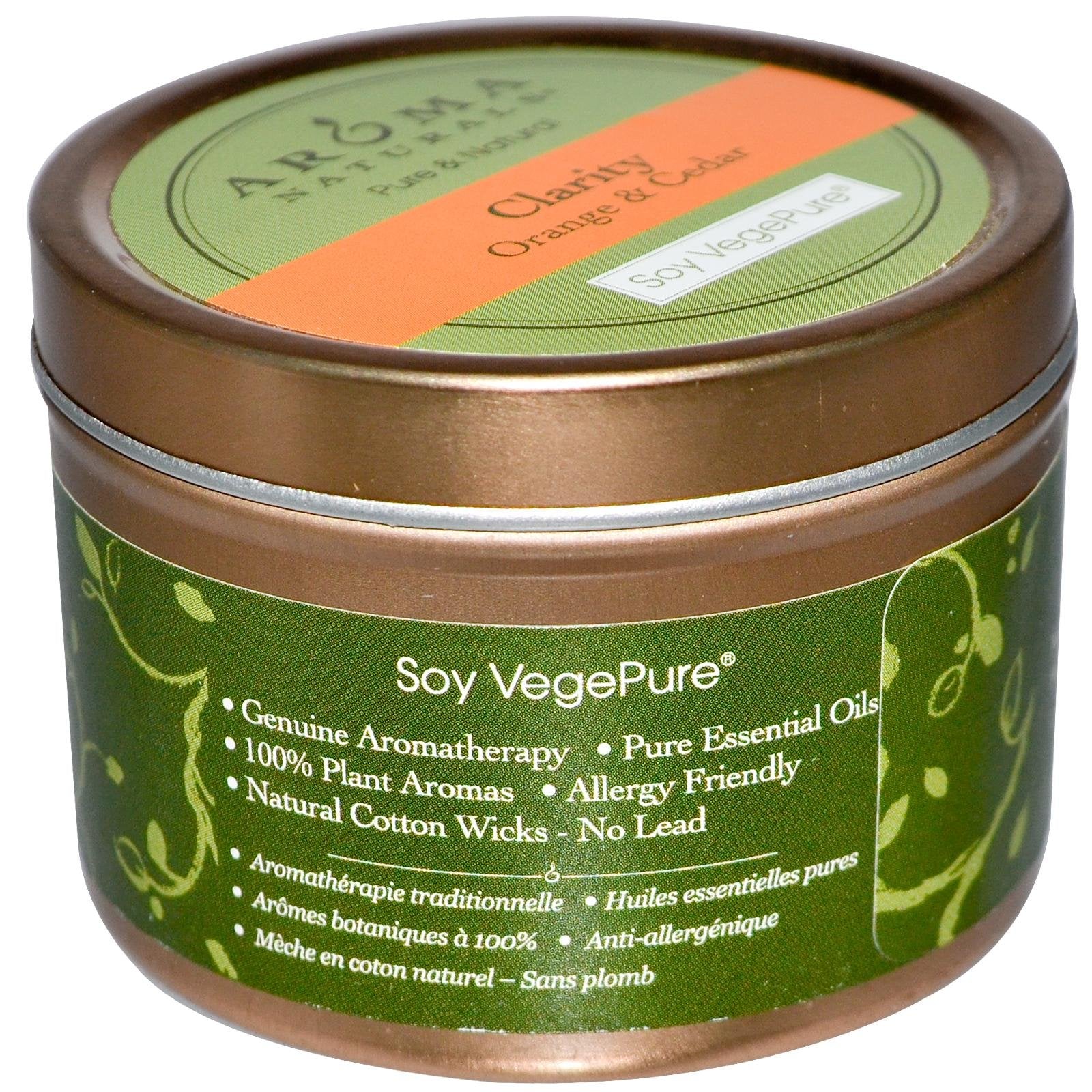 Soy VegePure, Travel Tin Candle, Clarity, Orange & Cedar, 2.8 oz (79.38 g), Aroma Naturals