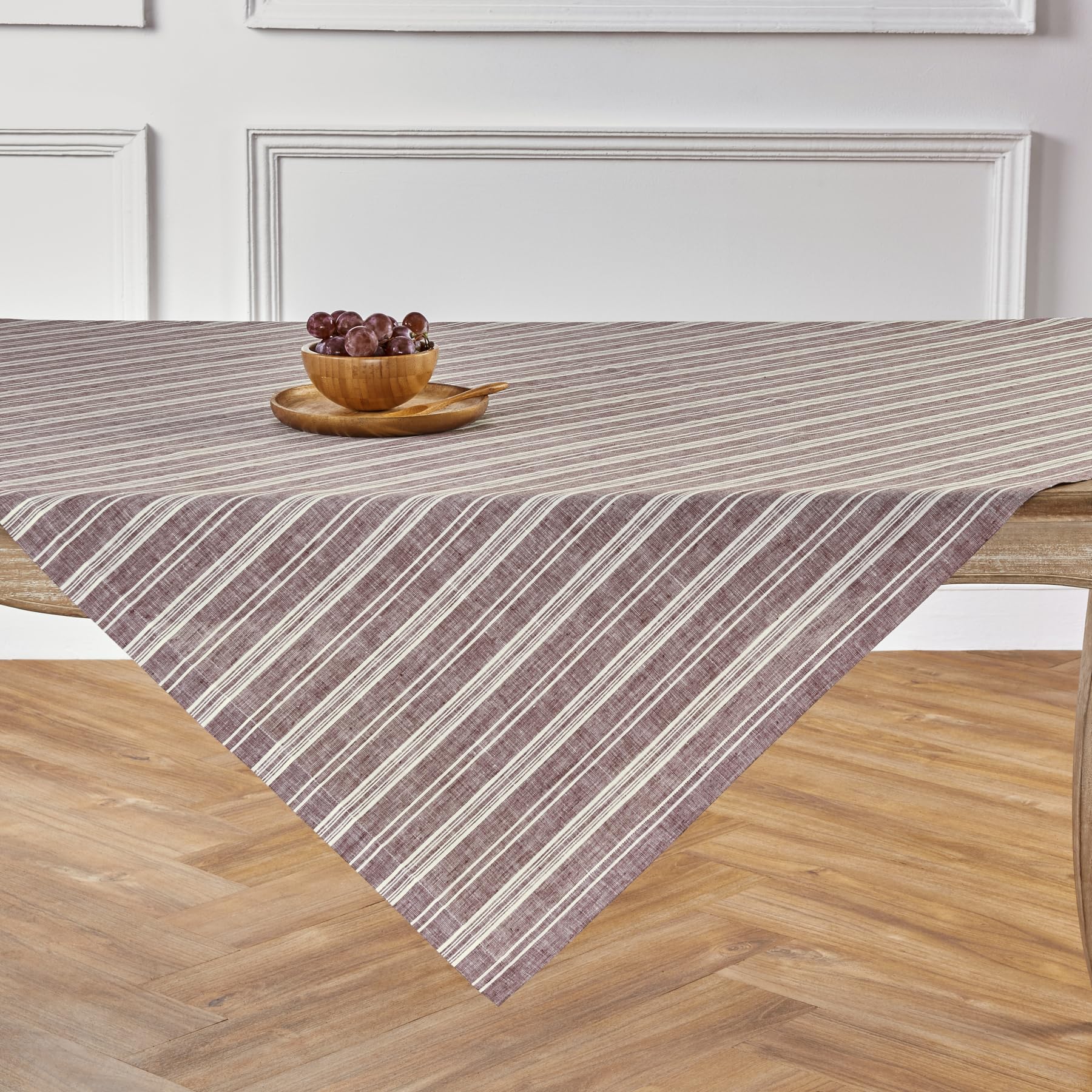 Solino Home Stripe Linen Tablecloth - 100% Pure Linen Burgundy And White Table Throw 52 X 52 Inch - Handcrafted And Machine Wash
