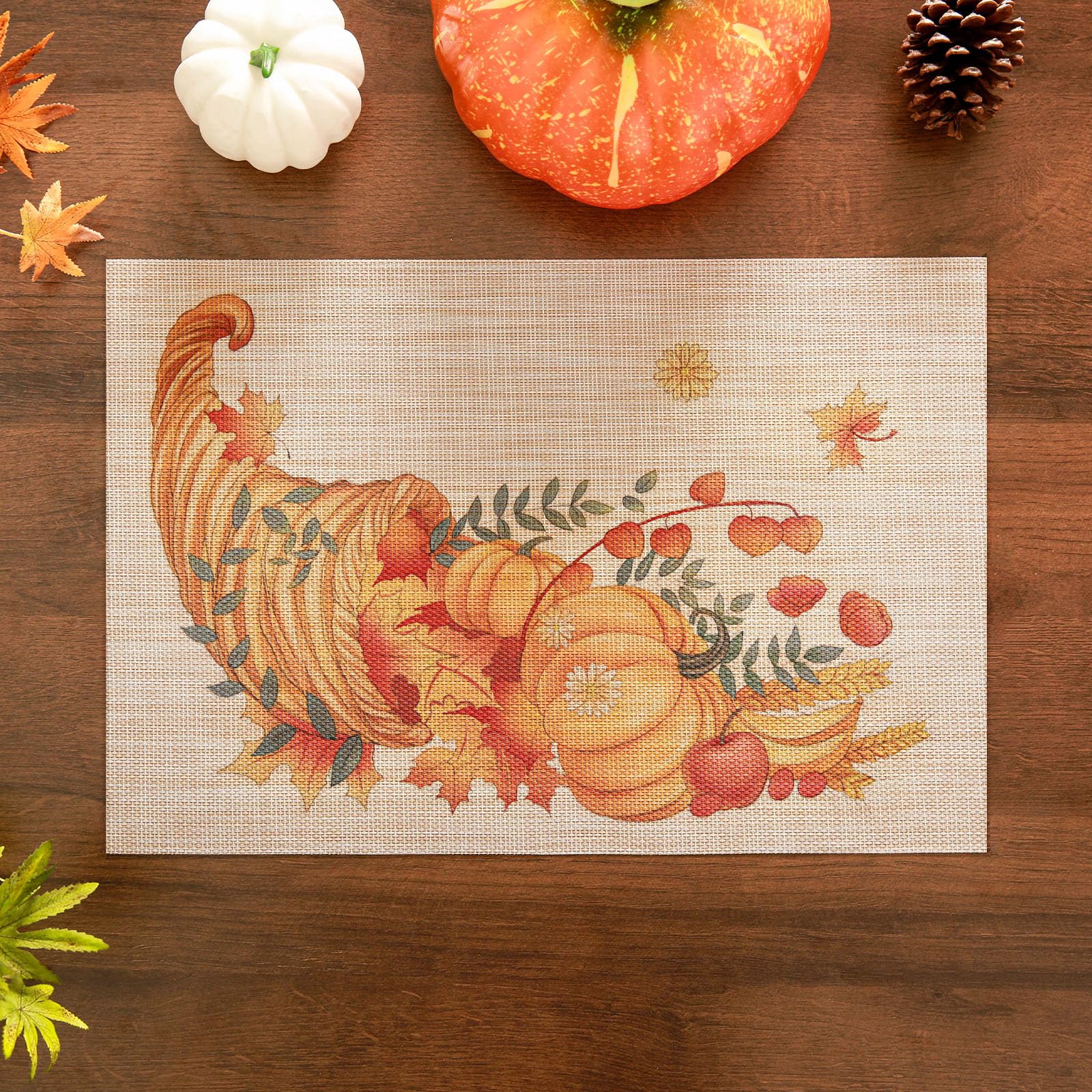 Banchif Thanksgiving Placemats Set of 4 Fall Place Mats Pumpkin Maple Leaves Table Mats Washable Non-Slip Heatproof Woven Placem