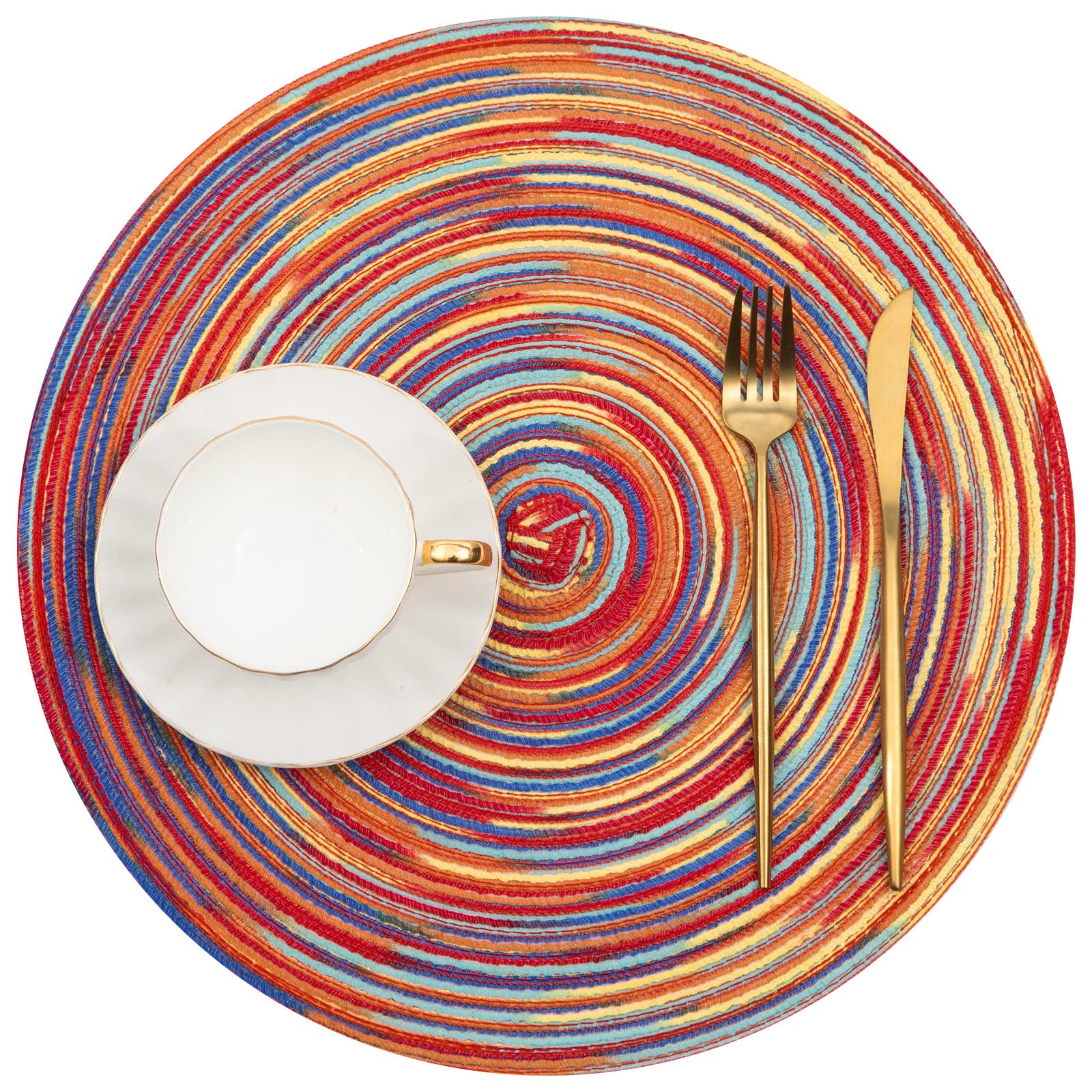 Shacos Round Braided Placemats Set Of 4 Variegated Colorful Placemats For Dining Tables Holiday Party Decor (Rainbow Red, 4)