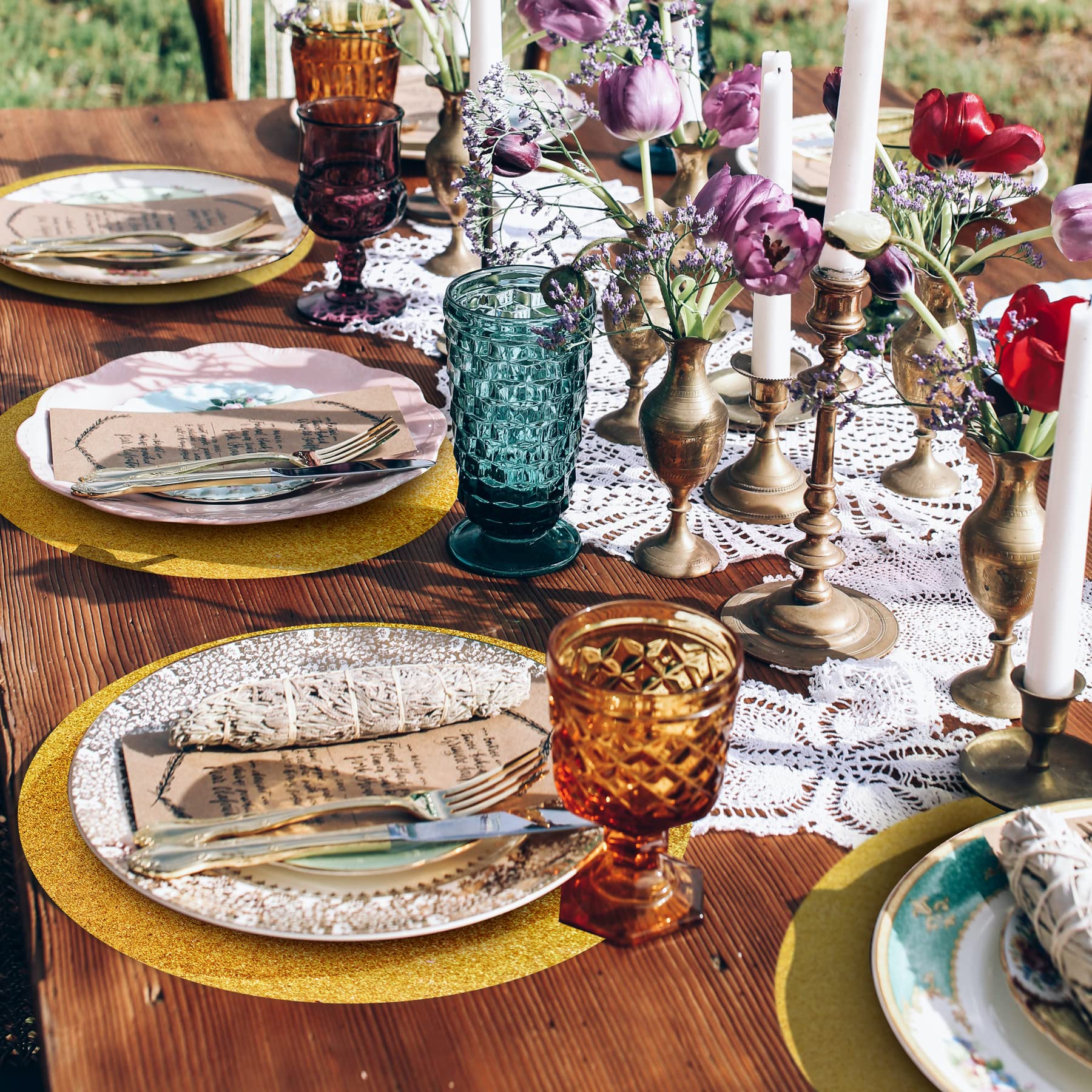 50 Pieces Gold Glitter Paper Place Mats Sparkle 14'' Round Disposable Table Mats Golden Sequin Doilies Decorative Placemats For