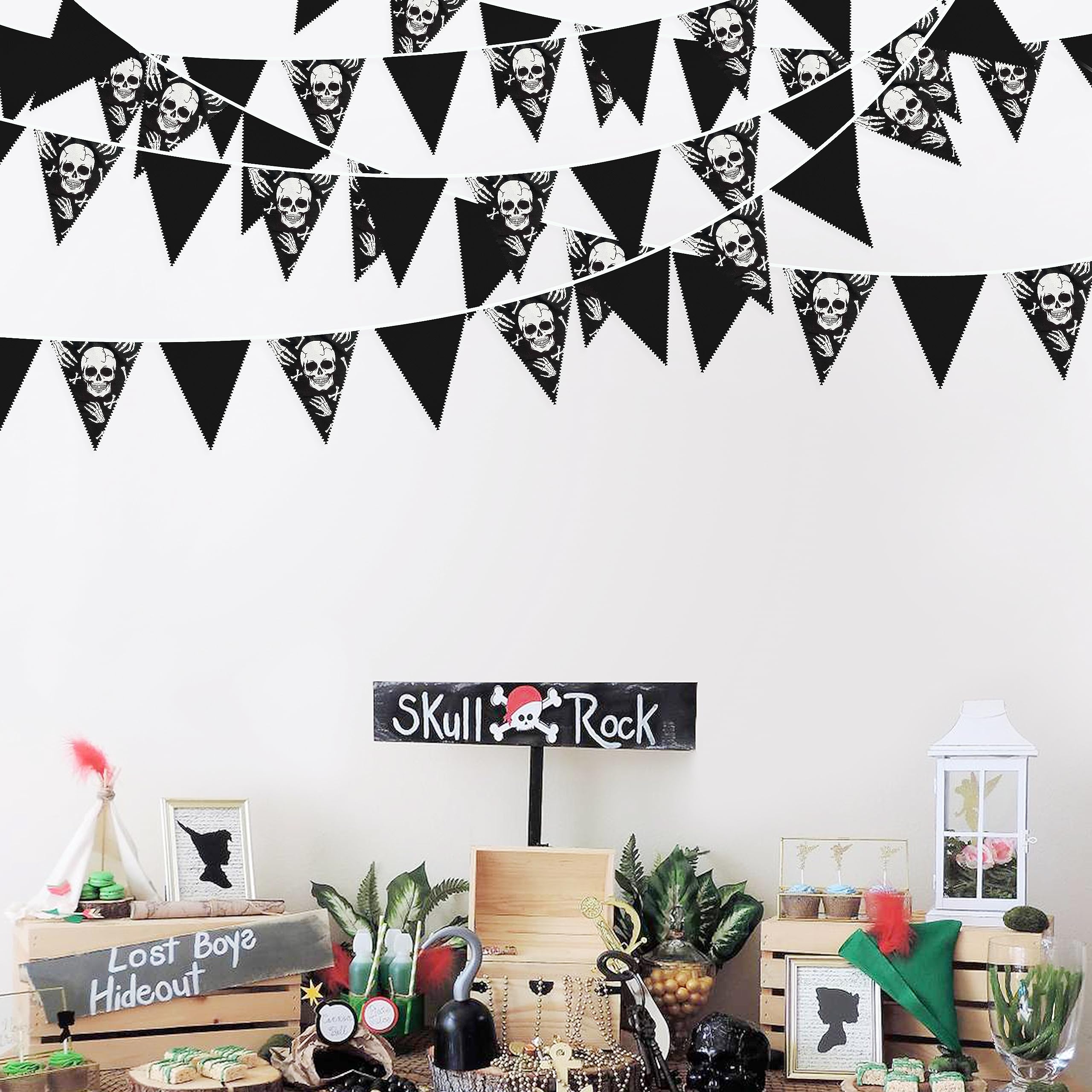 32Ft Black White Halloween Party Decorations Skull Fabric Pennant Pirate Banner Triangle Flag Bunting Garland Streamers For Hall